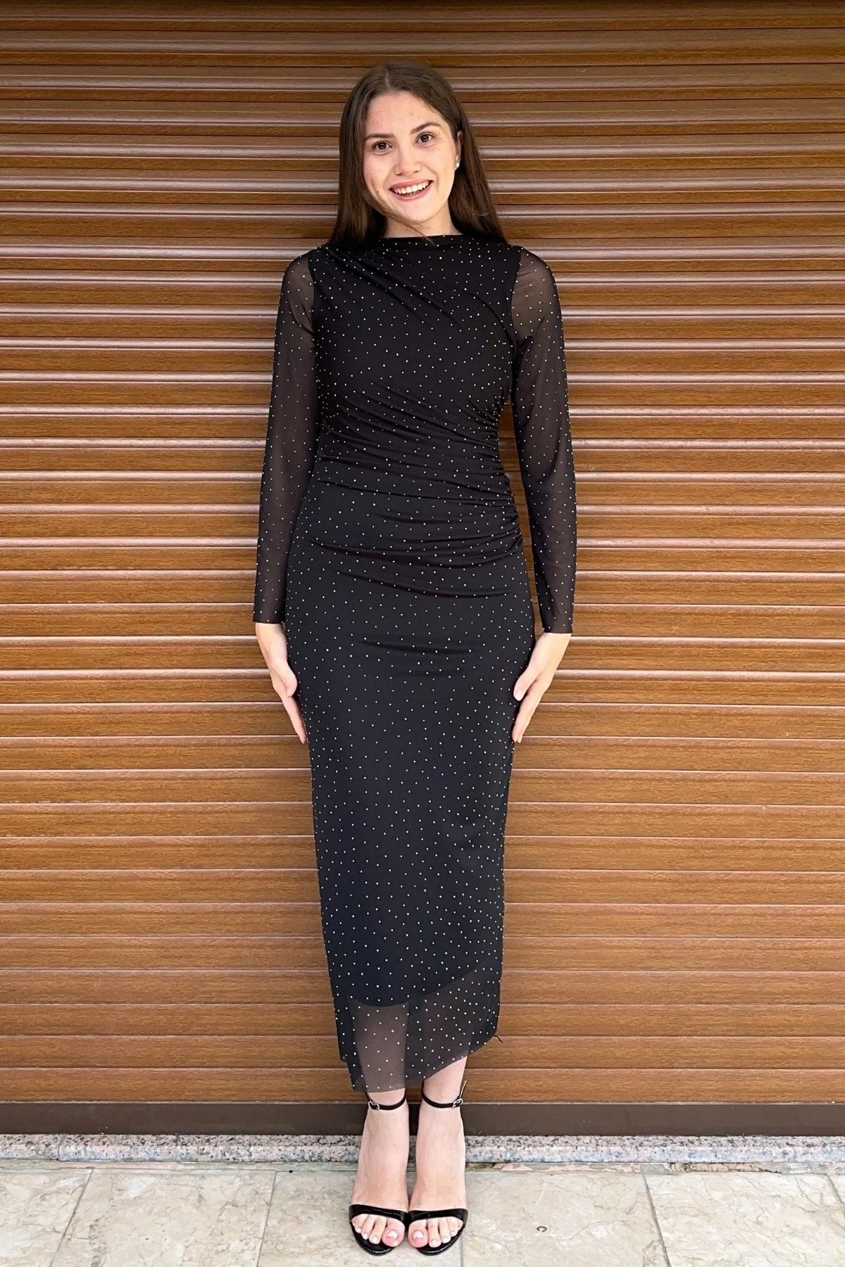 Taşlı Bisiklet Yaka Drapeli Tül Maxi Elbise