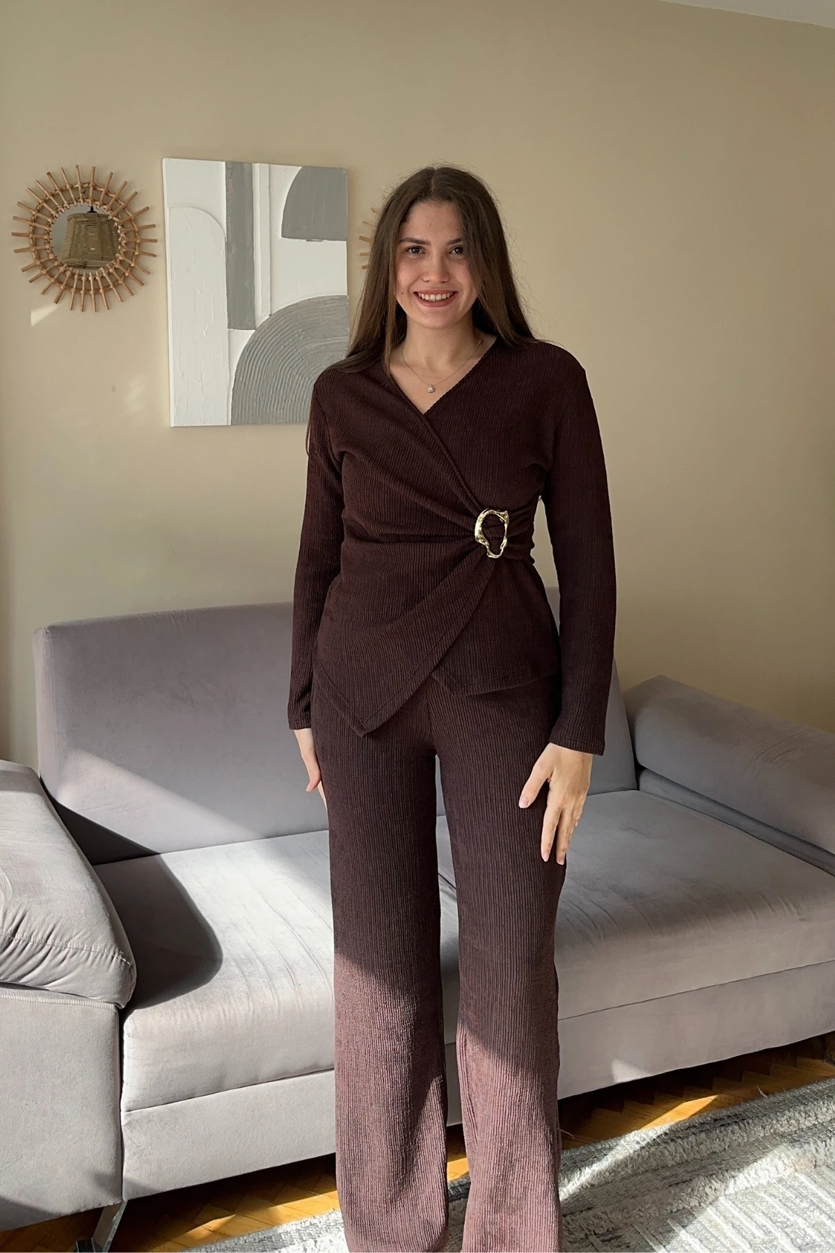 Kruvaze Yaka Gold Tokalı Gofre İkili Takım