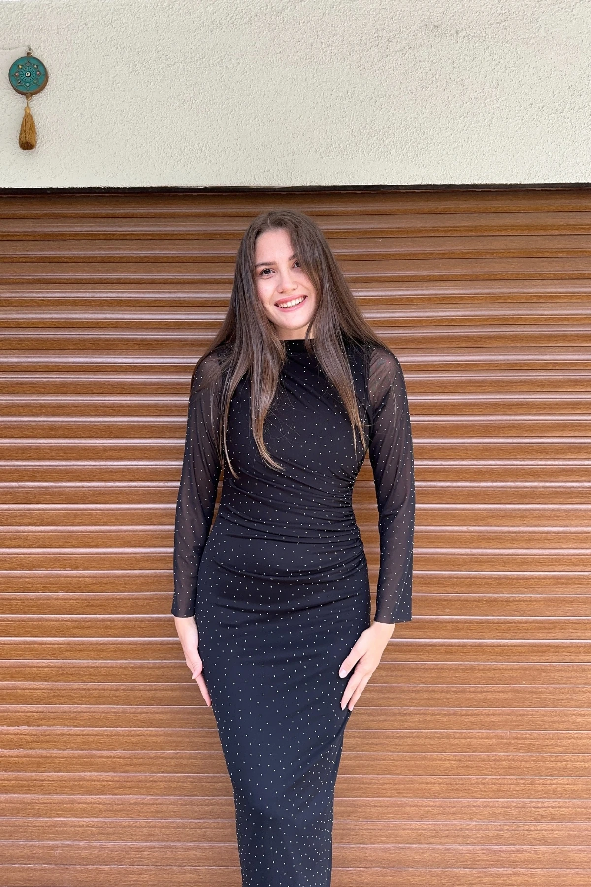 Taşlı Bisiklet Yaka Drapeli Tül Maxi Elbise