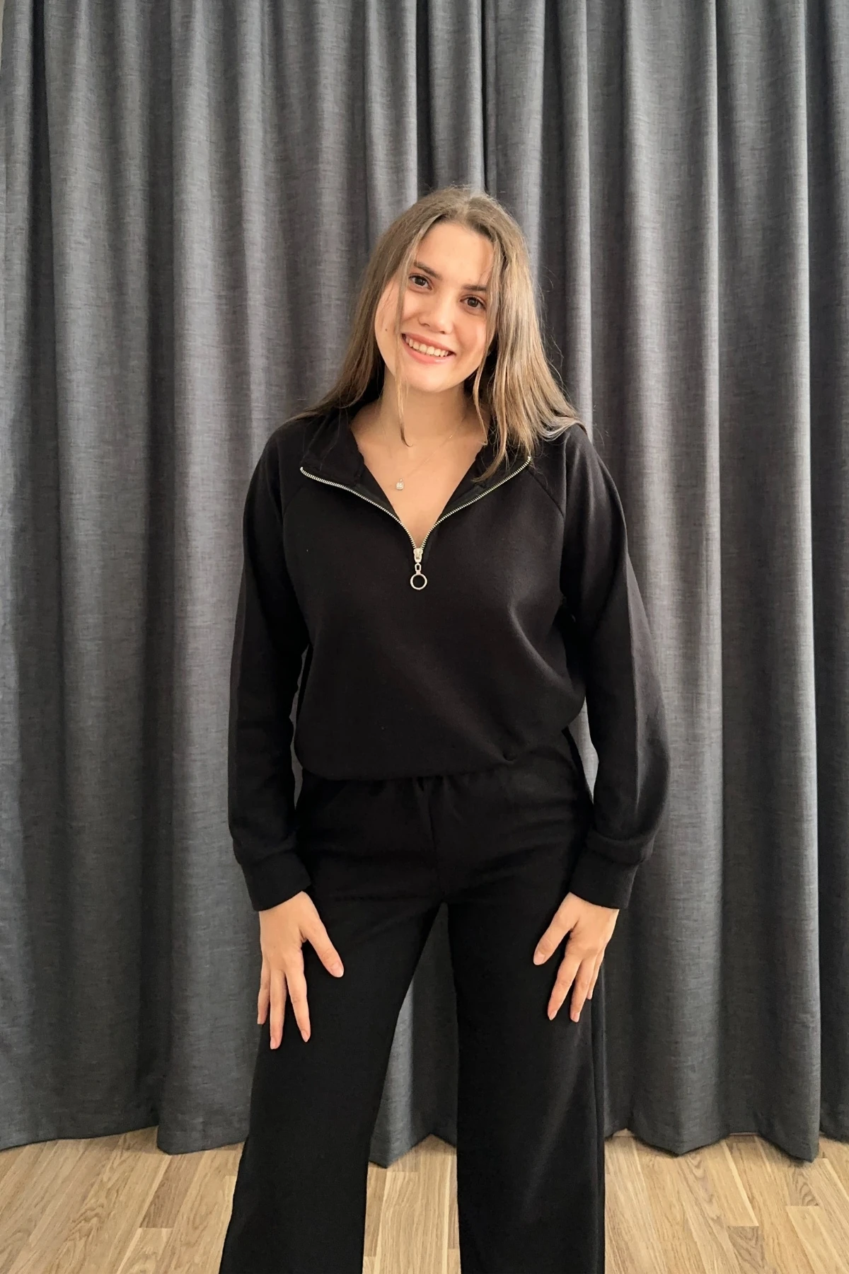 Selanik Kumaş Dik Yaka Fermuarlı İkili Takım