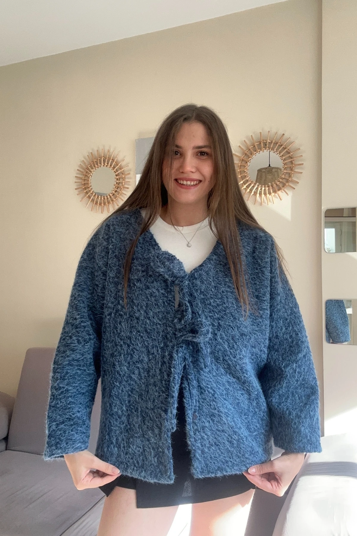 Önü Bağlamalı Sakallı Kaşe Astarlı Ceket - Mavi