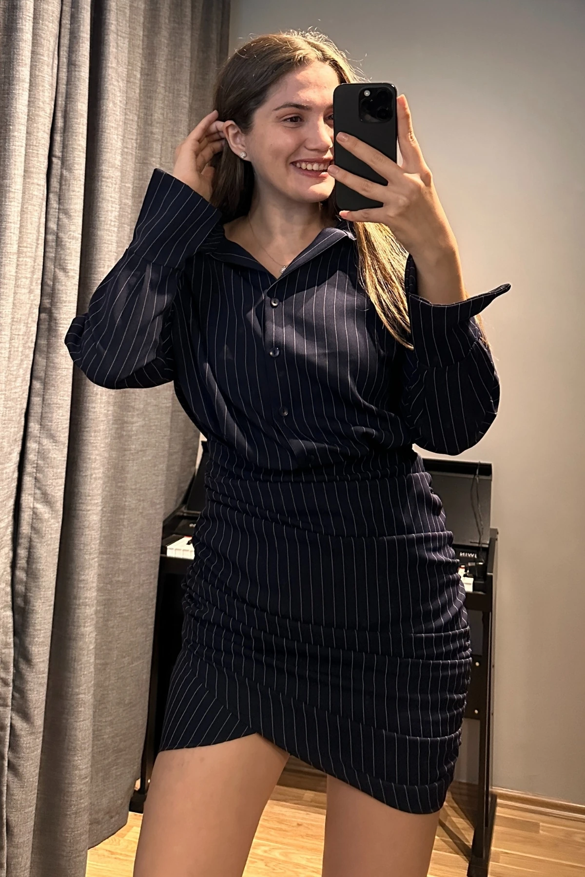 Belden Oturtmalı Çizgili Gömlek Elbise