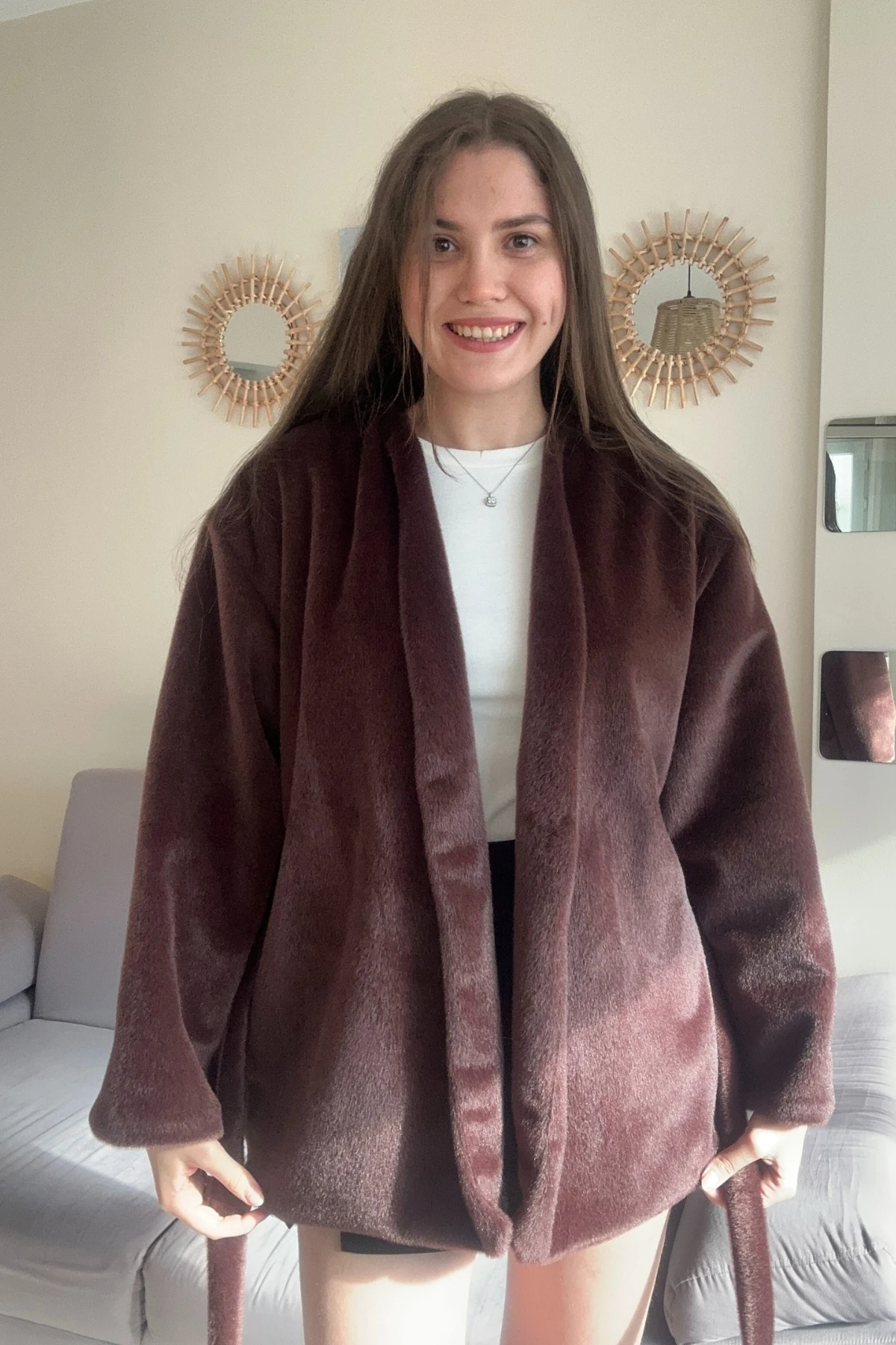 Peluş Goldfox Astarlı Kuşaklı Kısa Kaban