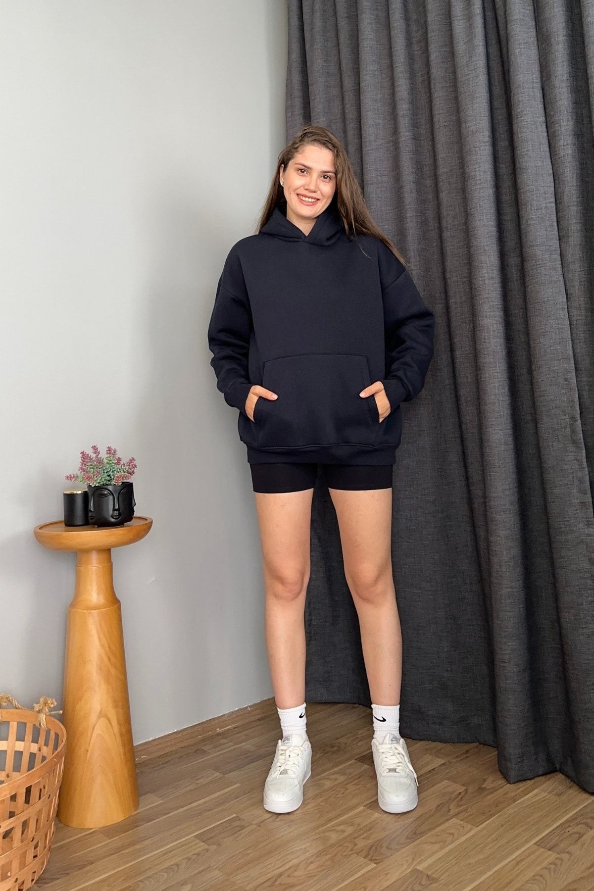 Kapüşonlu Oversize Basic Sweatshirt - Lacivert