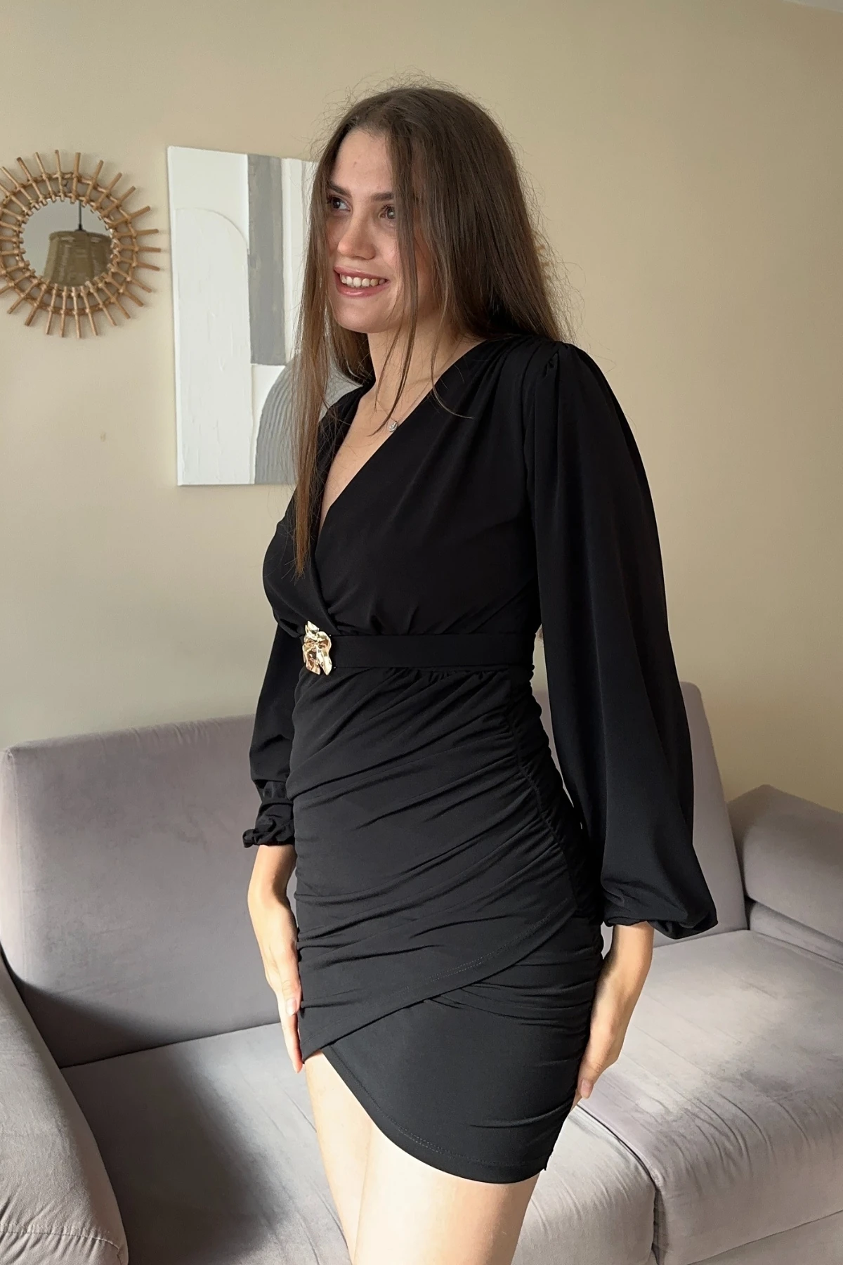 Balon Kol Kemerli Drapeli Mini Elbise