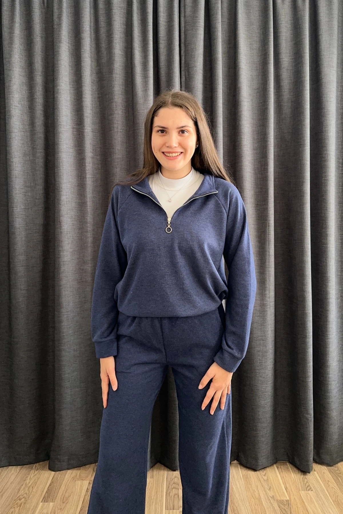 Selanik Kumaş Dik Yaka Fermuarlı İkili Takım - Mavi