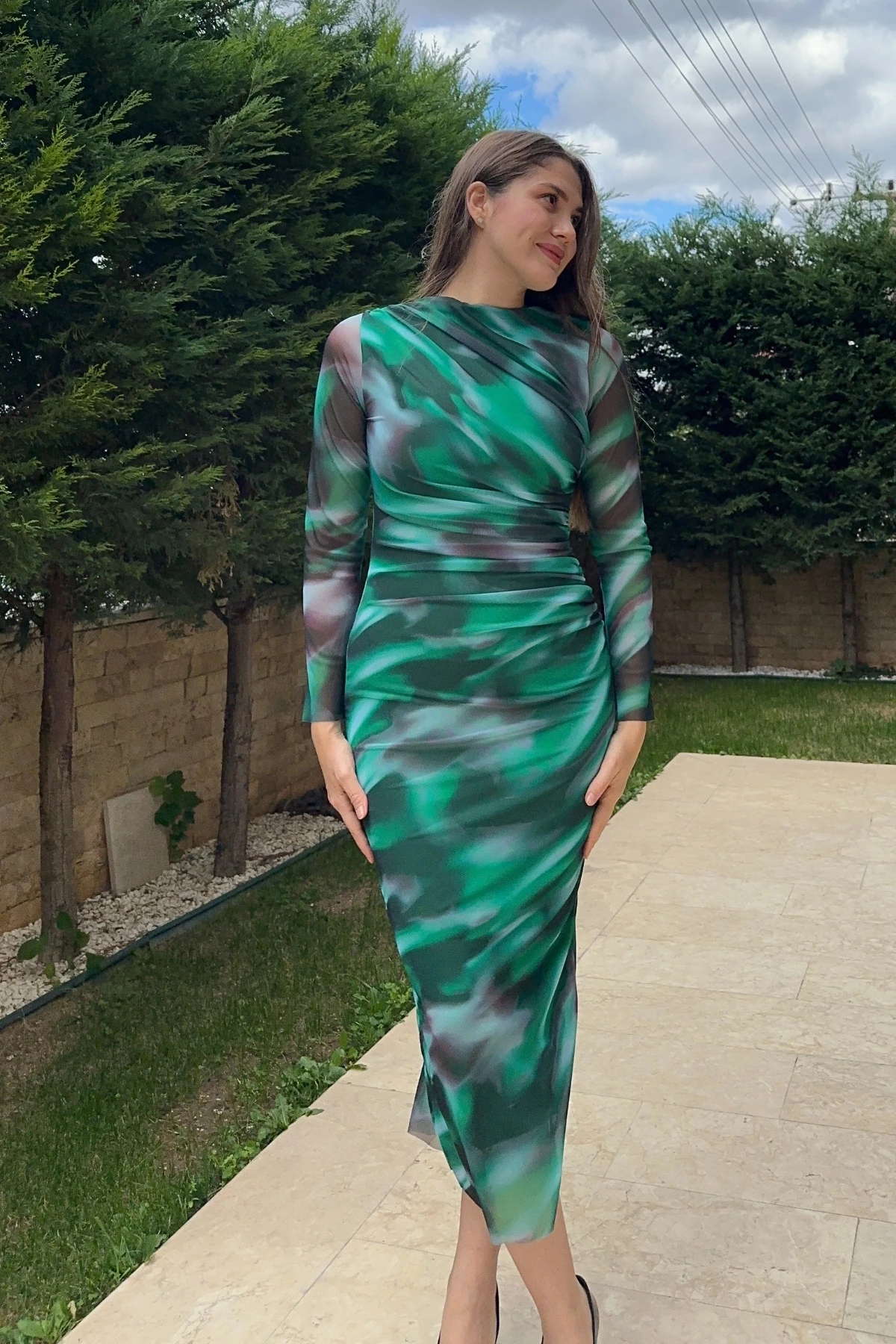 Drapeli Tül Bisiklet Yaka Uzun Kollu Maxi Elbise