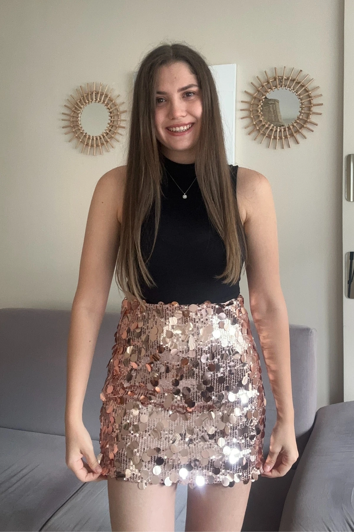 Rose Yüksek Bel Payetli Mini Etek