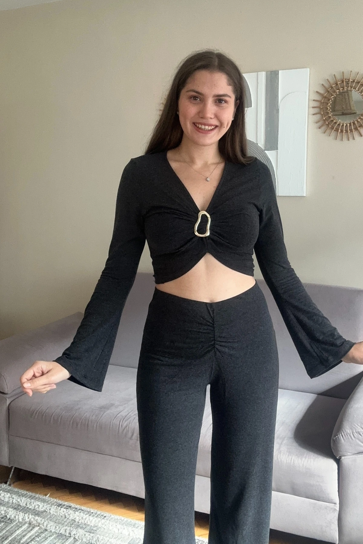 Gold Aksesuarlı İspanyol Kol Crop Penye Takım