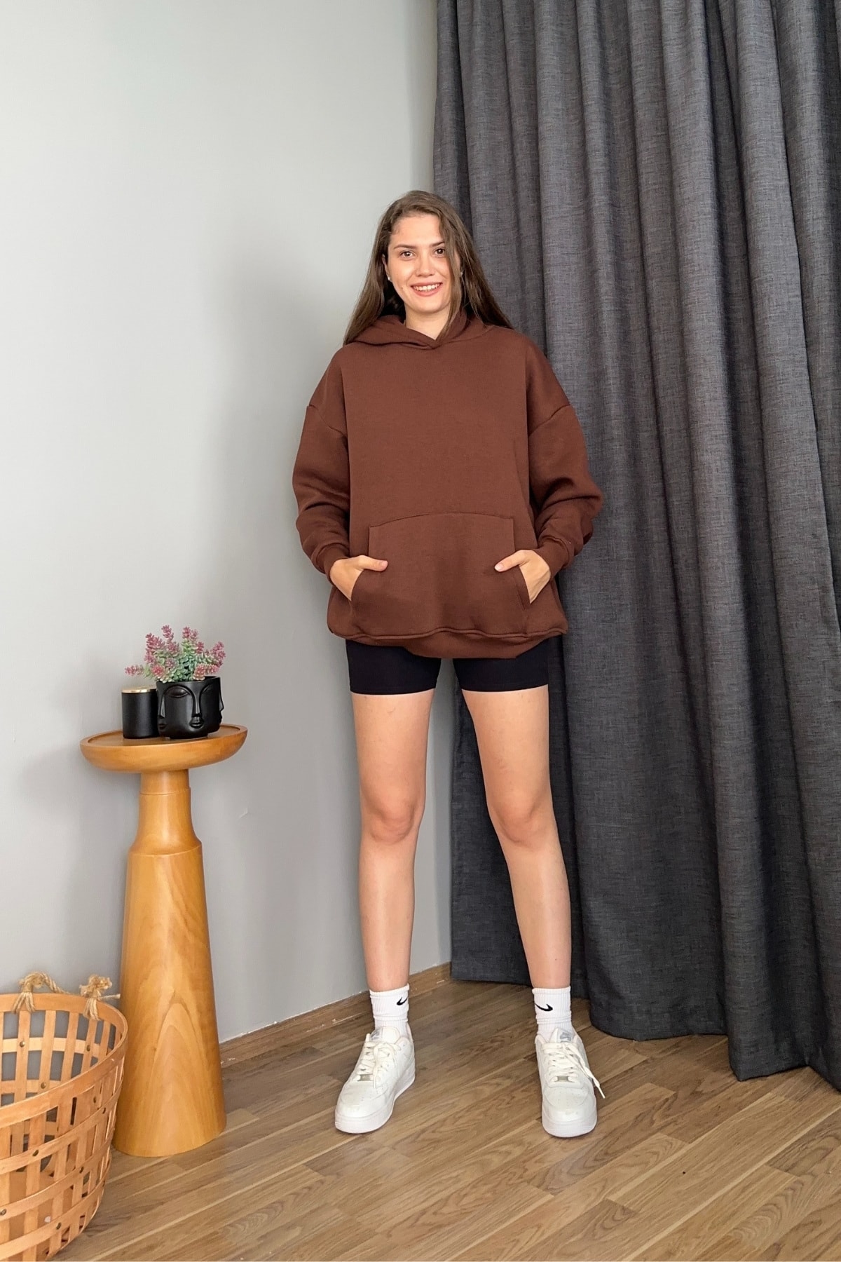 Kapüşonlu Oversize Basic Sweatshirt - Kahverengi