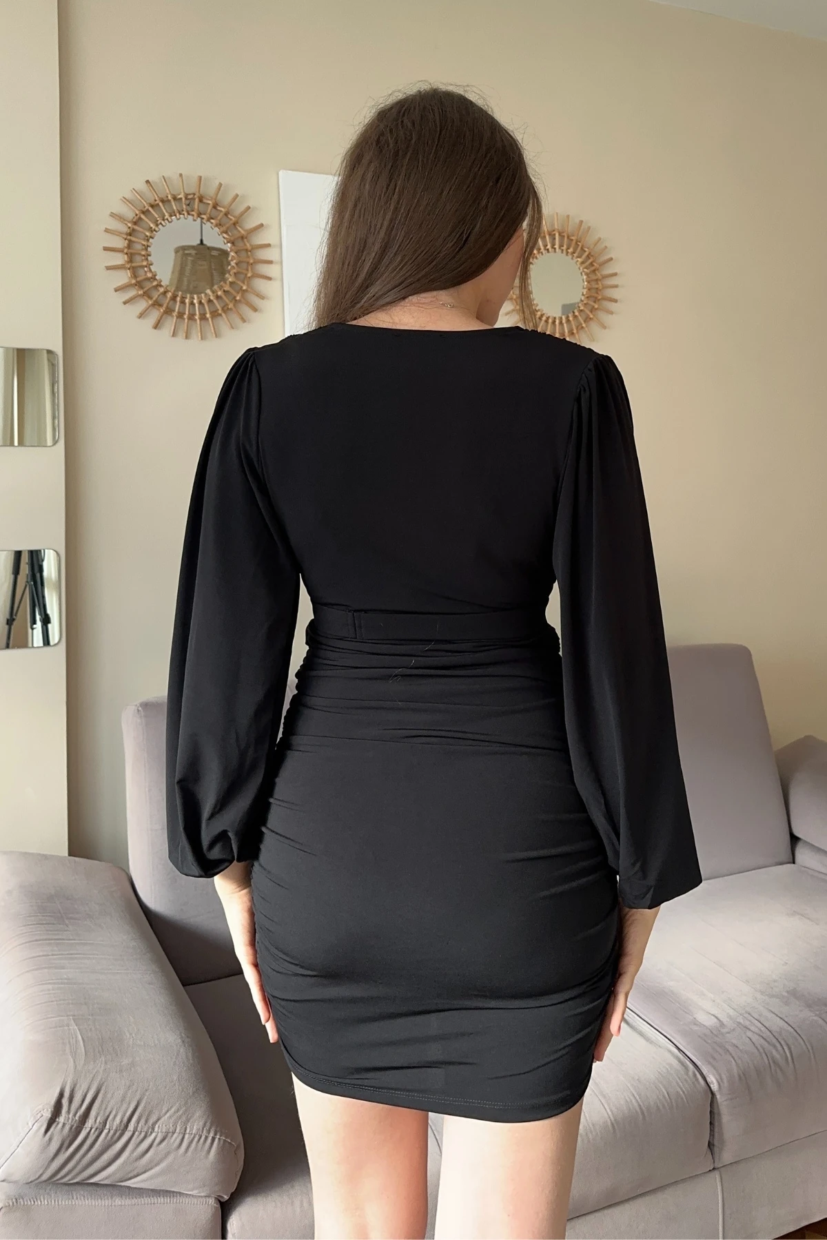 Balon Kol Kemerli Drapeli Mini Elbise