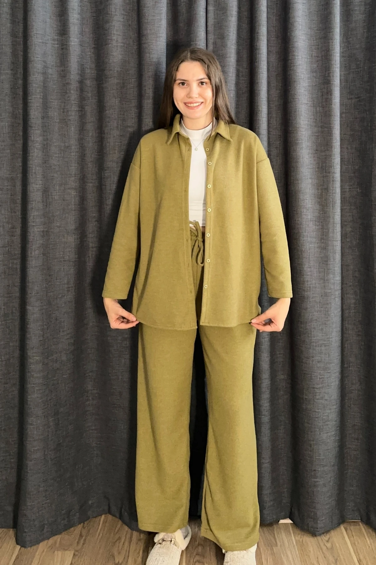 Selanik Kumaş Gömlekli Pantolon İkili Takım - Yağ Yeşili