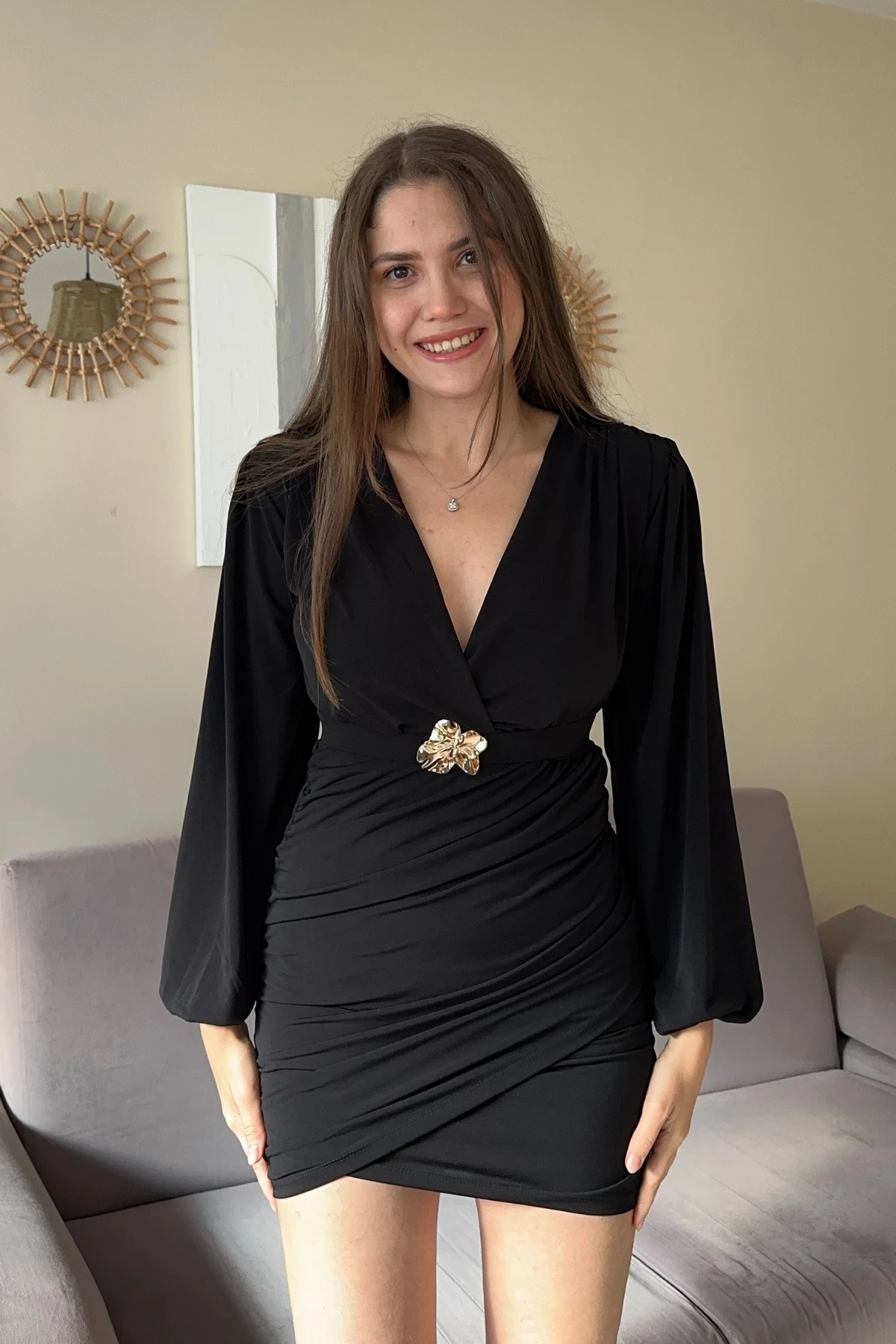 Balon Kol Kemerli Drapeli Mini Elbise