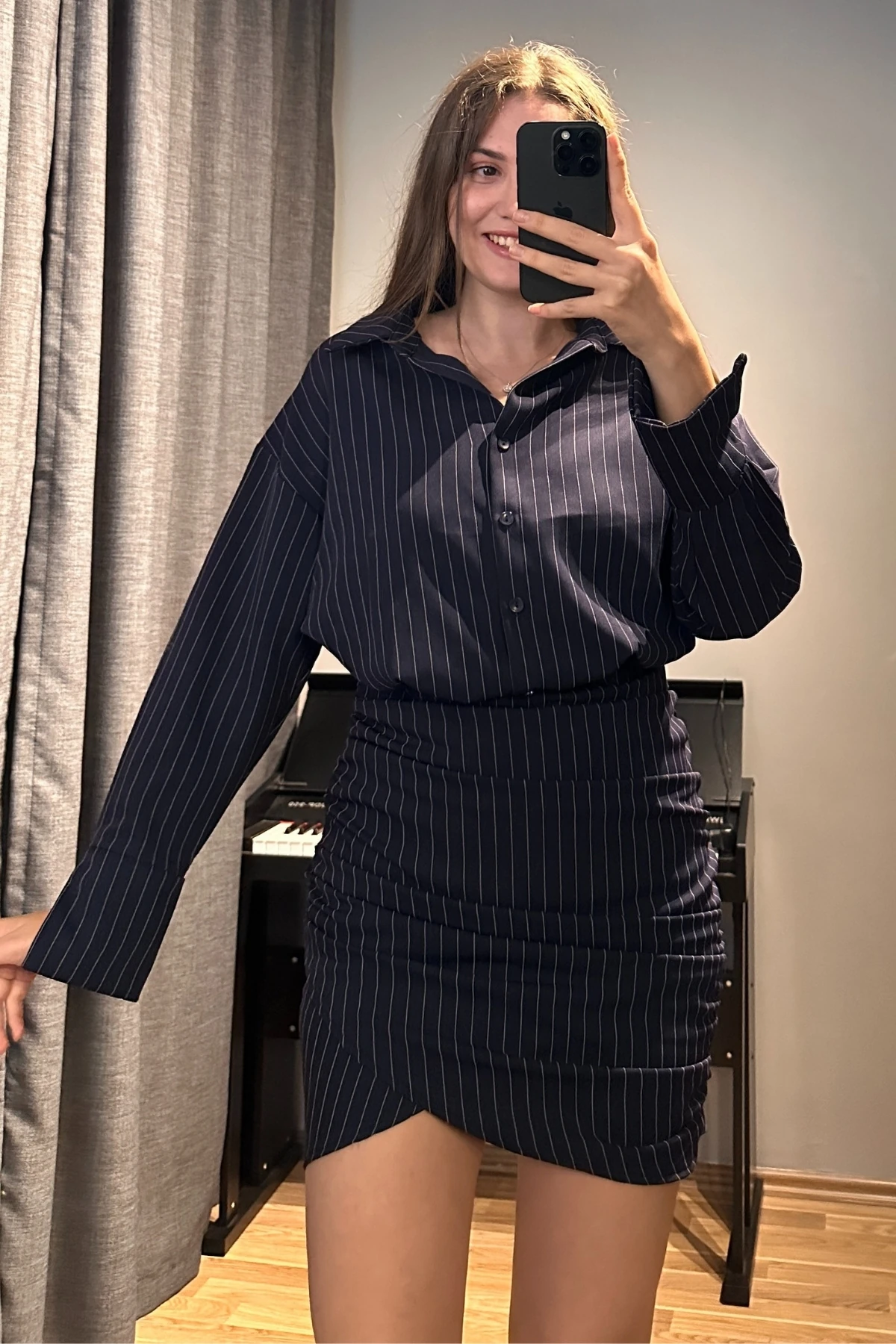 Belden Oturtmalı Çizgili Gömlek Elbise