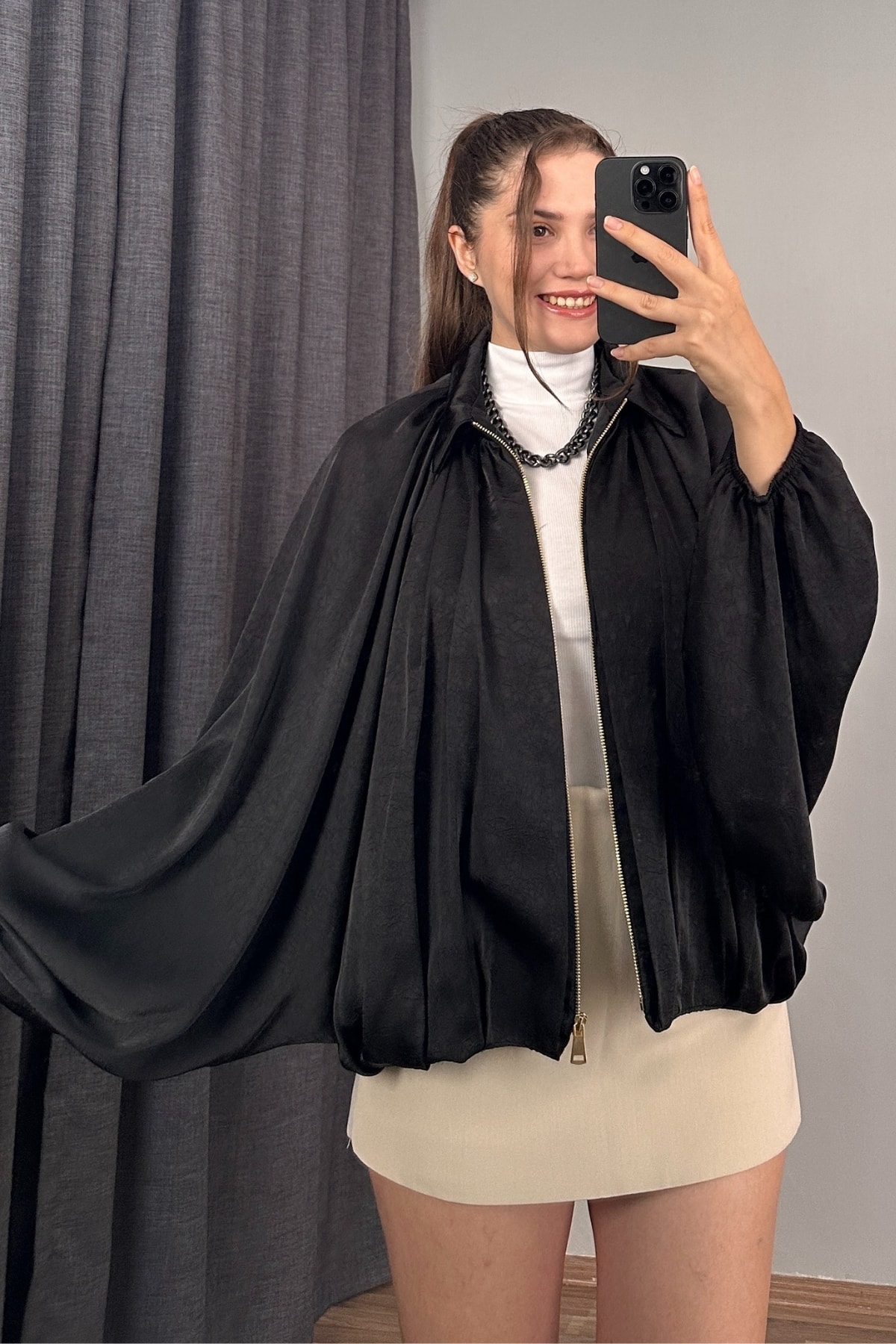 Yarasa Kol Saten Bomber Ceket - Siyah