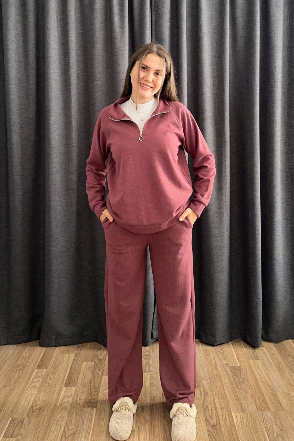 Selanik Kumaş Dik Yaka Fermuarlı İkili Takım - Gül Kurusu