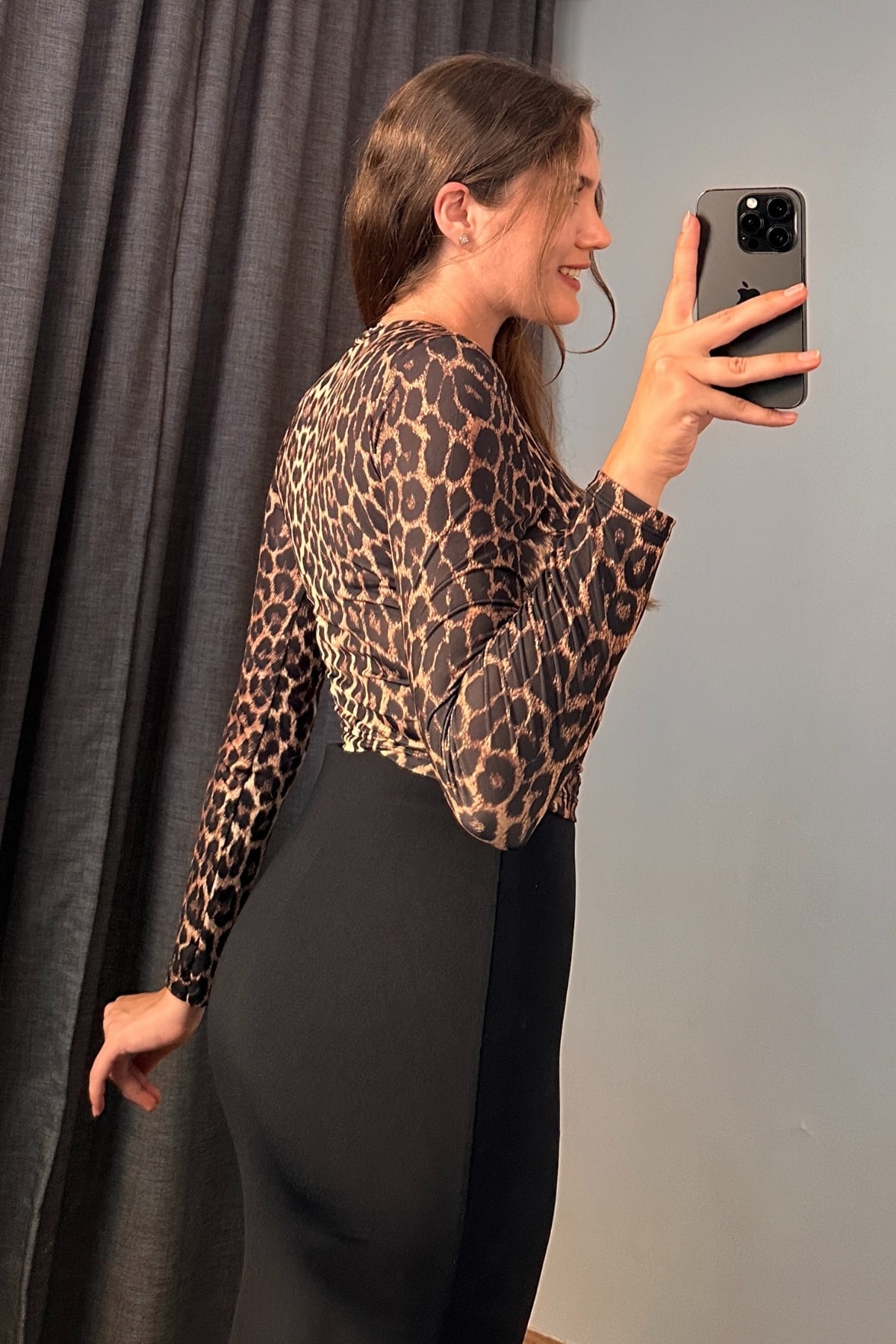 Bisiklet Yaka Leopar Desen Crop Bluz