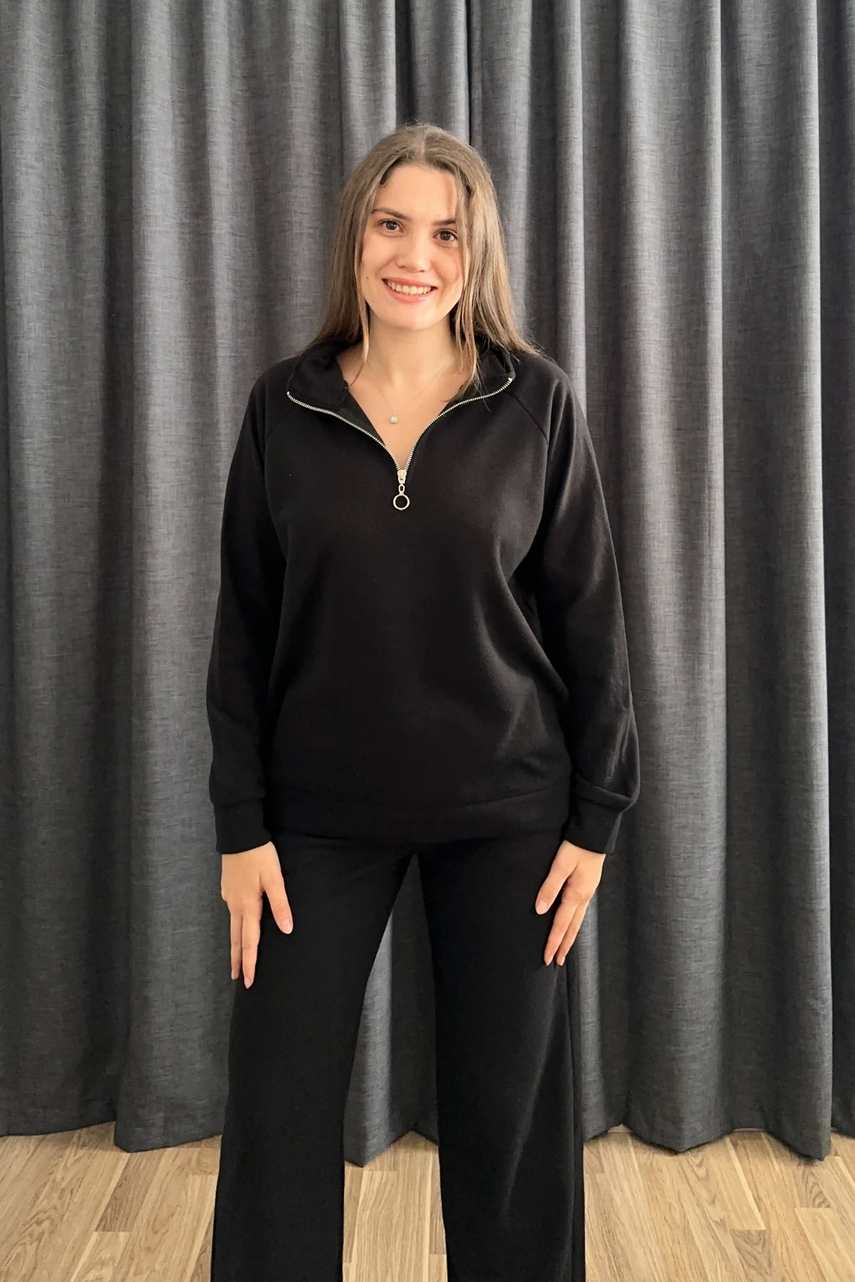 Selanik Kumaş Dik Yaka Fermuarlı İkili Takım