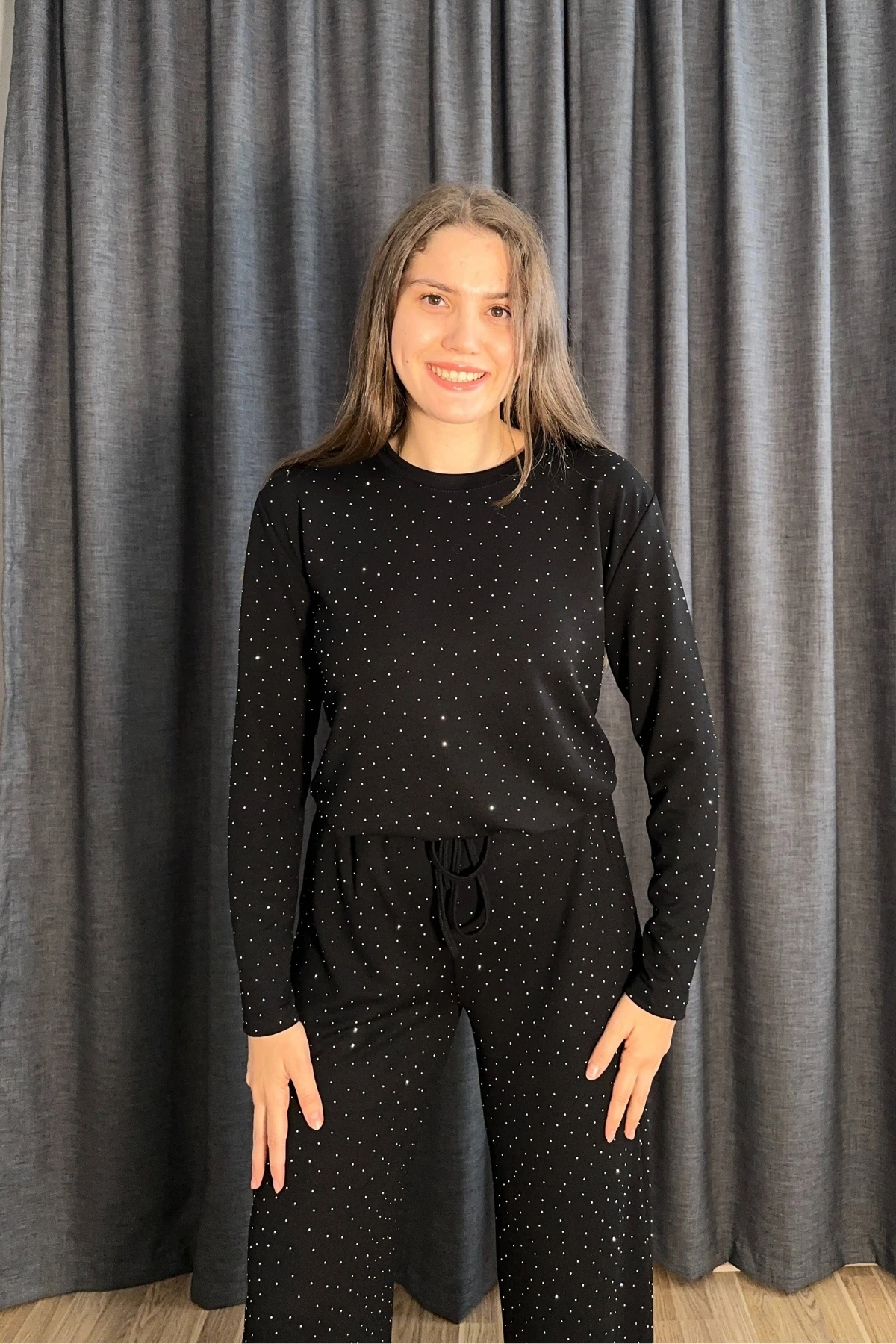 Taşlı Bisiklet Yaka İkili Modal Takım - Siyah