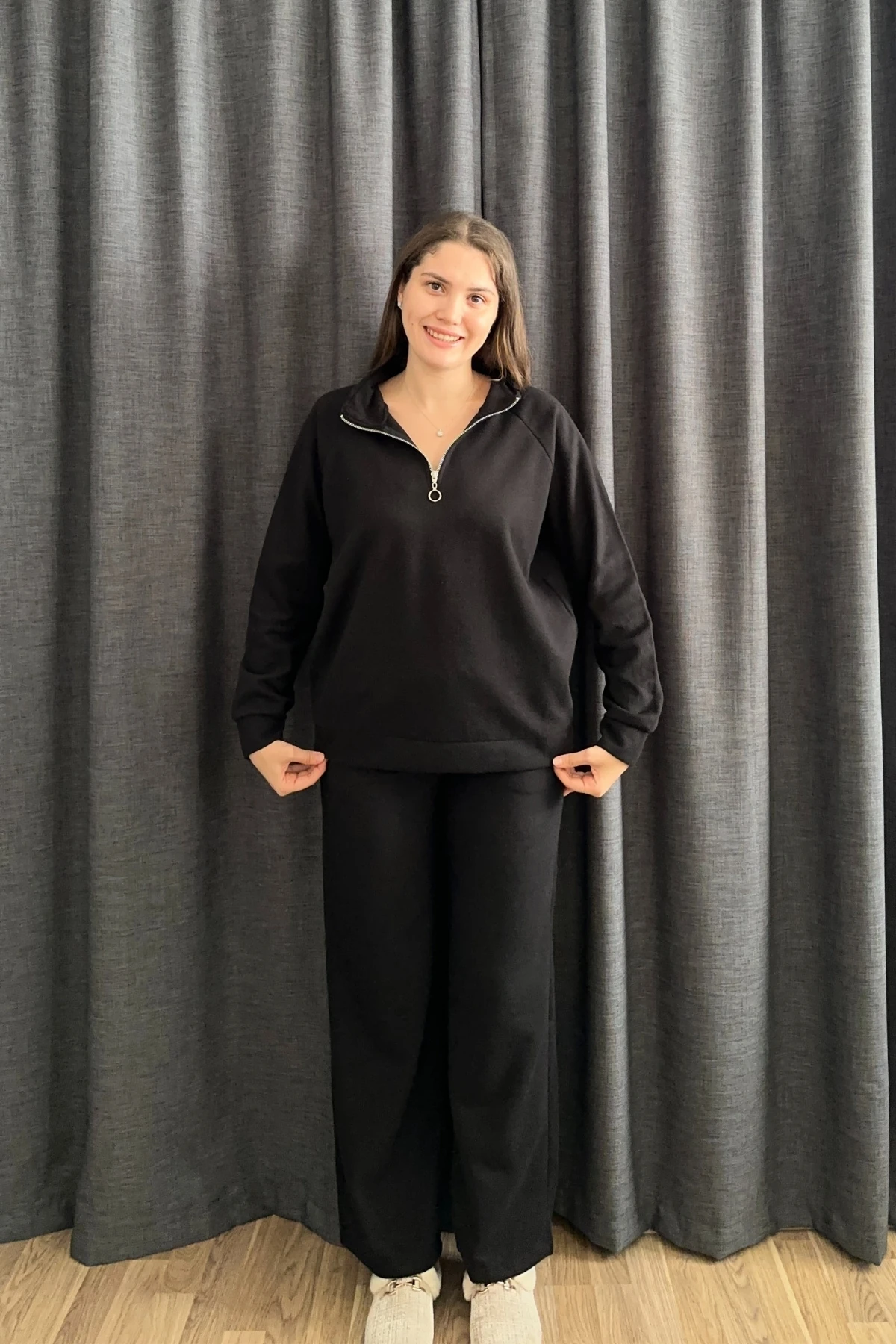 Selanik Kumaş Dik Yaka Fermuarlı İkili Takım