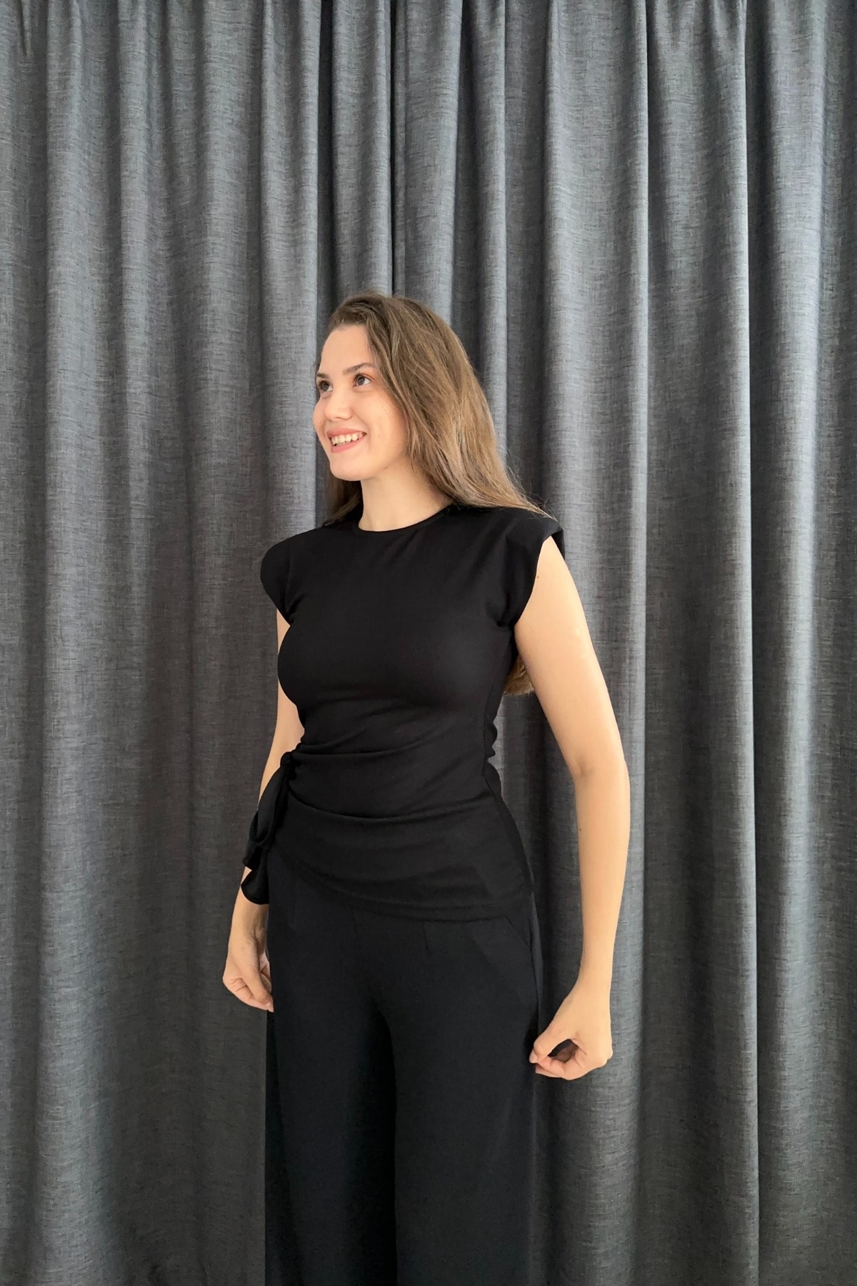 Omuzları Vatkalı Drape Detay Bağlamalı Modal İkili Takım