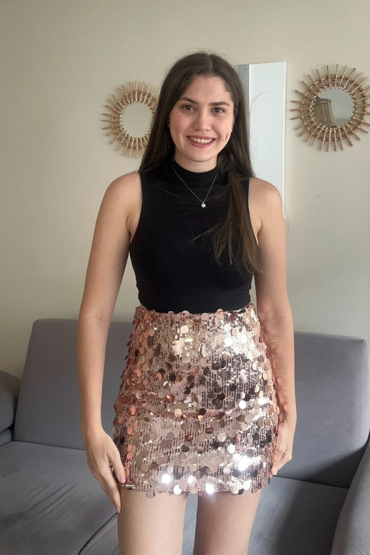 Rose Yüksek Bel Payetli Mini Etek