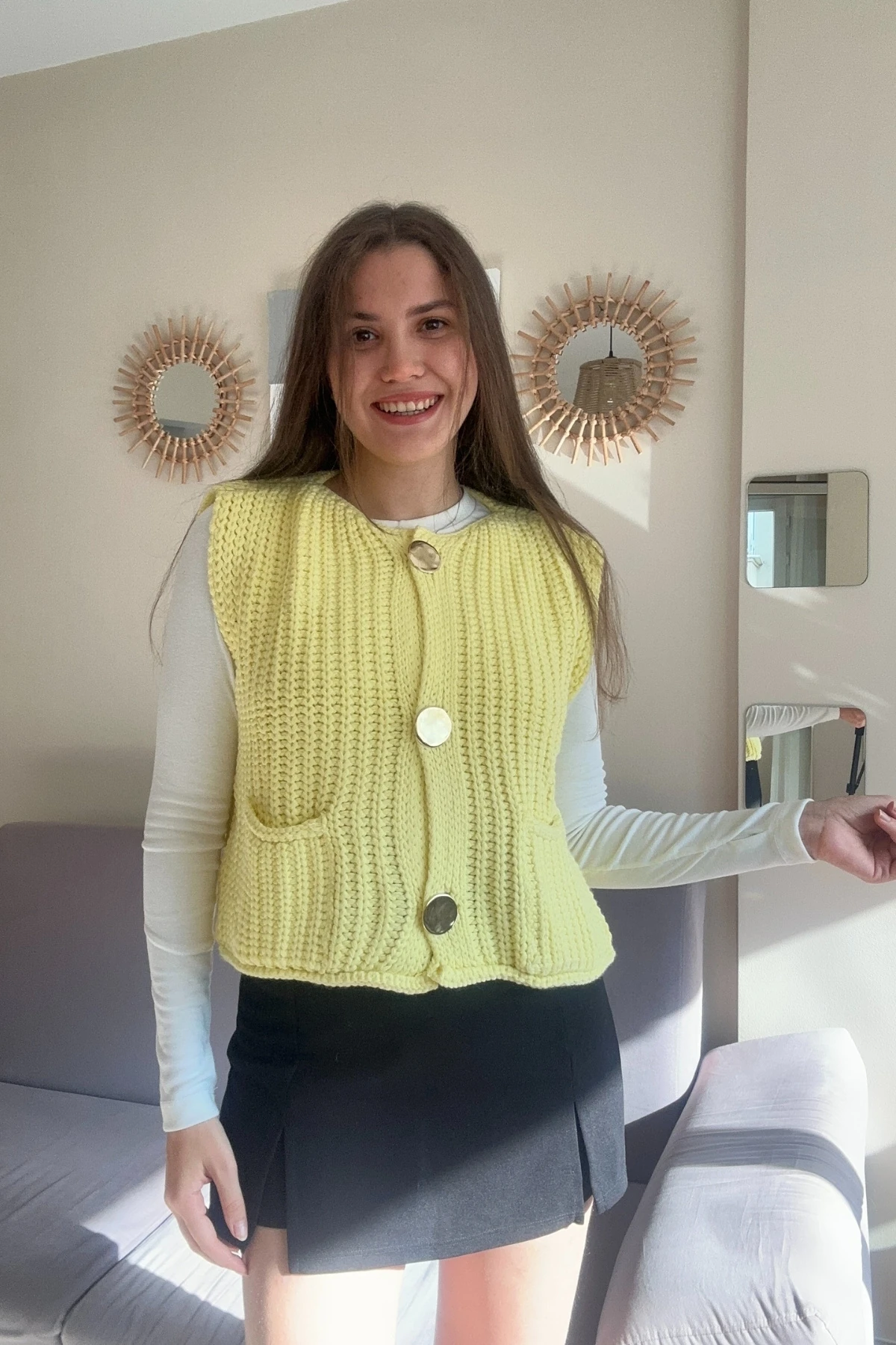 Triko Düğmeli Cepli Yelek - Sarı