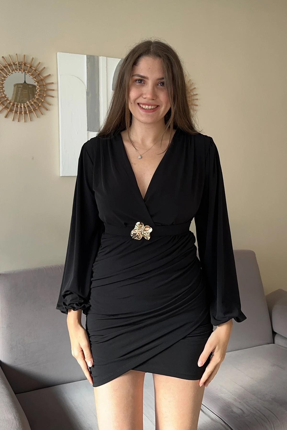 Balon Kol Kemerli Drapeli Mini Elbise