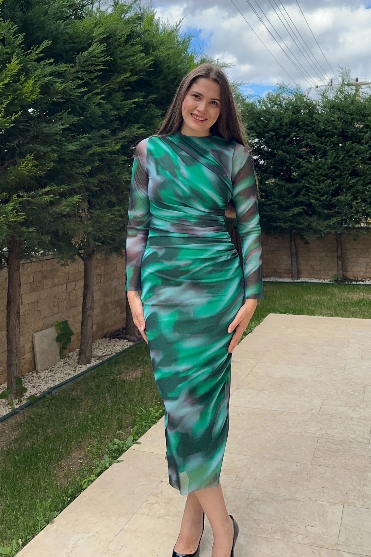 Drapeli Tül Bisiklet Yaka Uzun Kollu Maxi Elbise