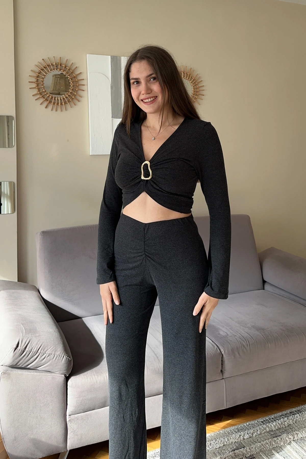 Gold Aksesuarlı İspanyol Kol Crop Penye Takım