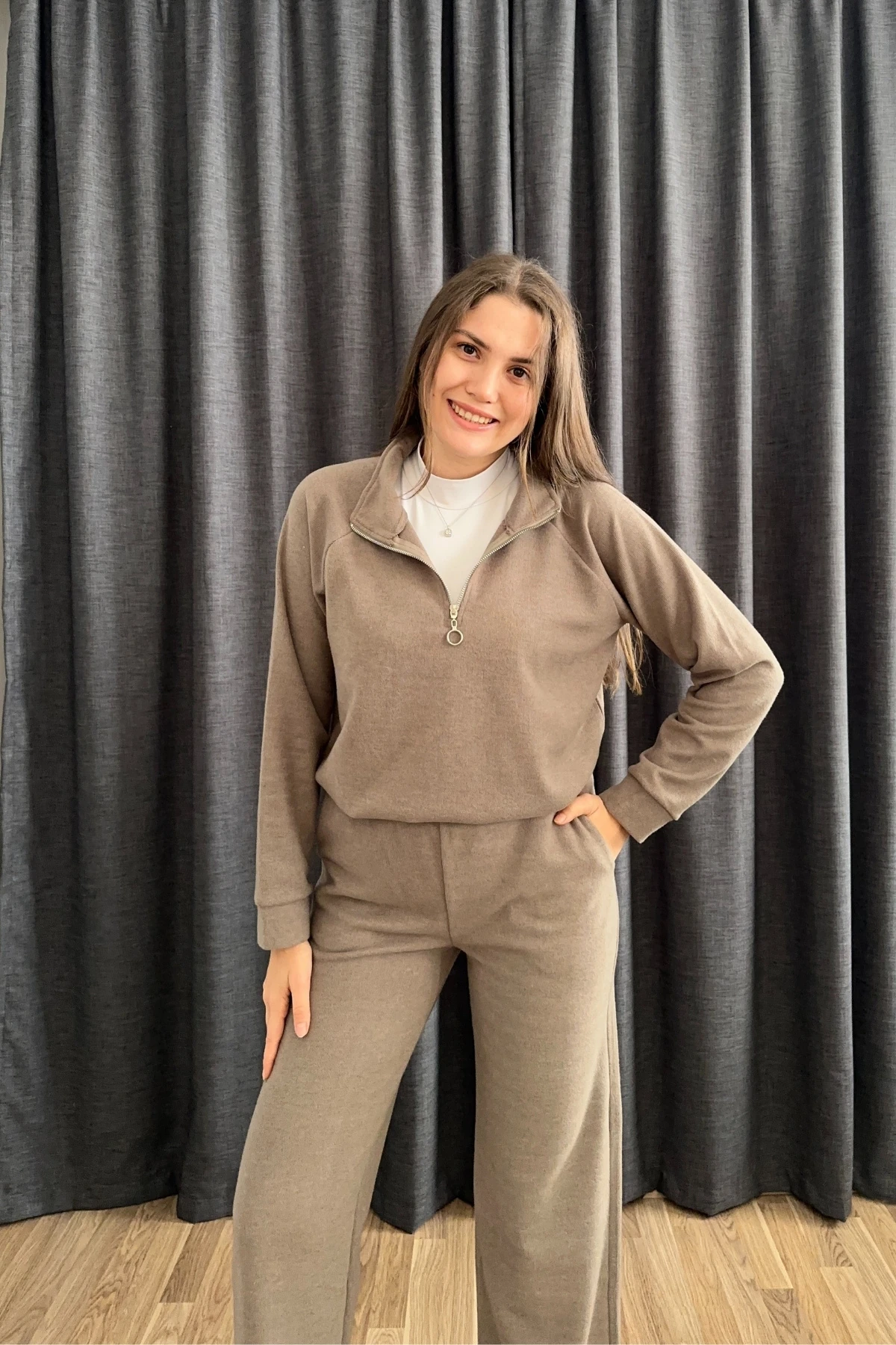 Selanik Kumaş Dik Yaka Fermuarlı İkili Takım - Bej