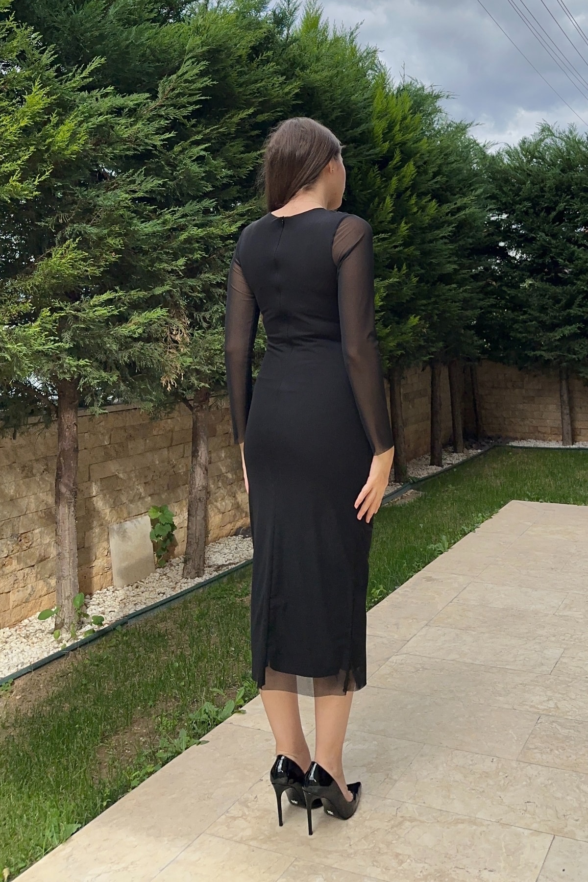 Bisiklet Yaka Drapeli Tül Maxi Elbise