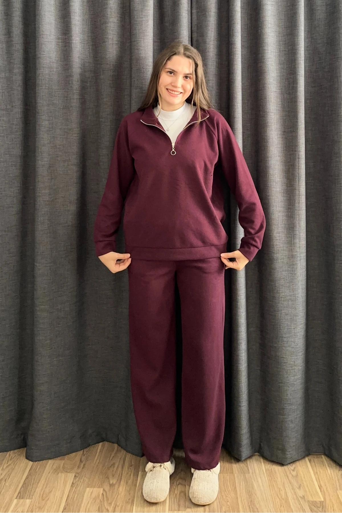 Selanik Kumaş Dik Yaka Fermuarlı İkili Takım - Mürdüm