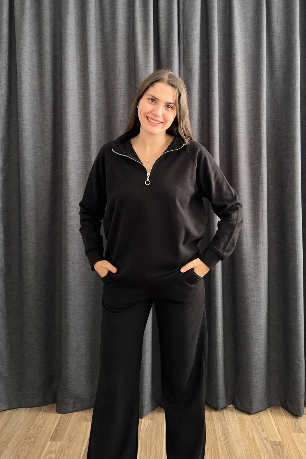 Selanik Kumaş Dik Yaka Fermuarlı İkili Takım - Siyah