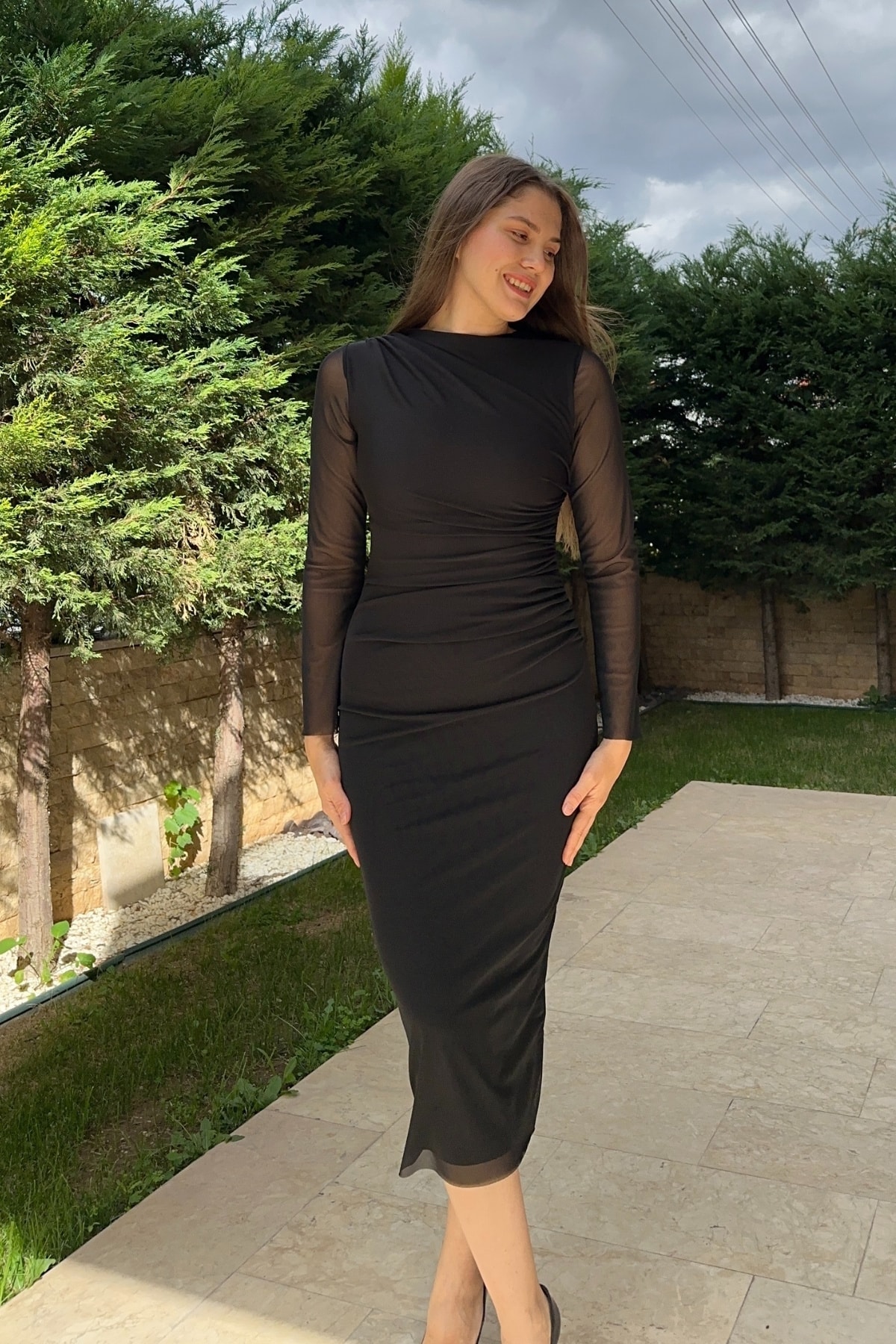 Bisiklet Yaka Drapeli Tül Maxi Elbise