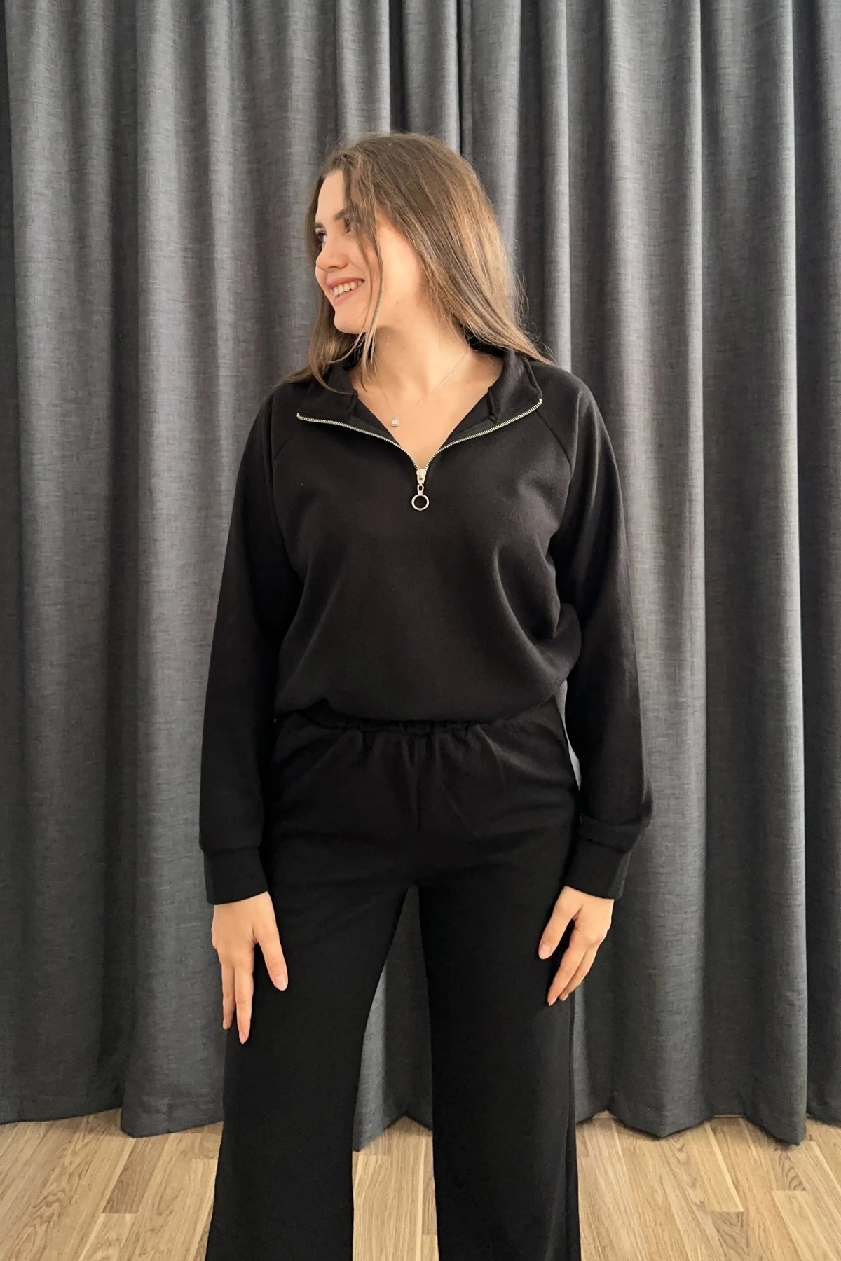 Selanik Kumaş Dik Yaka Fermuarlı İkili Takım