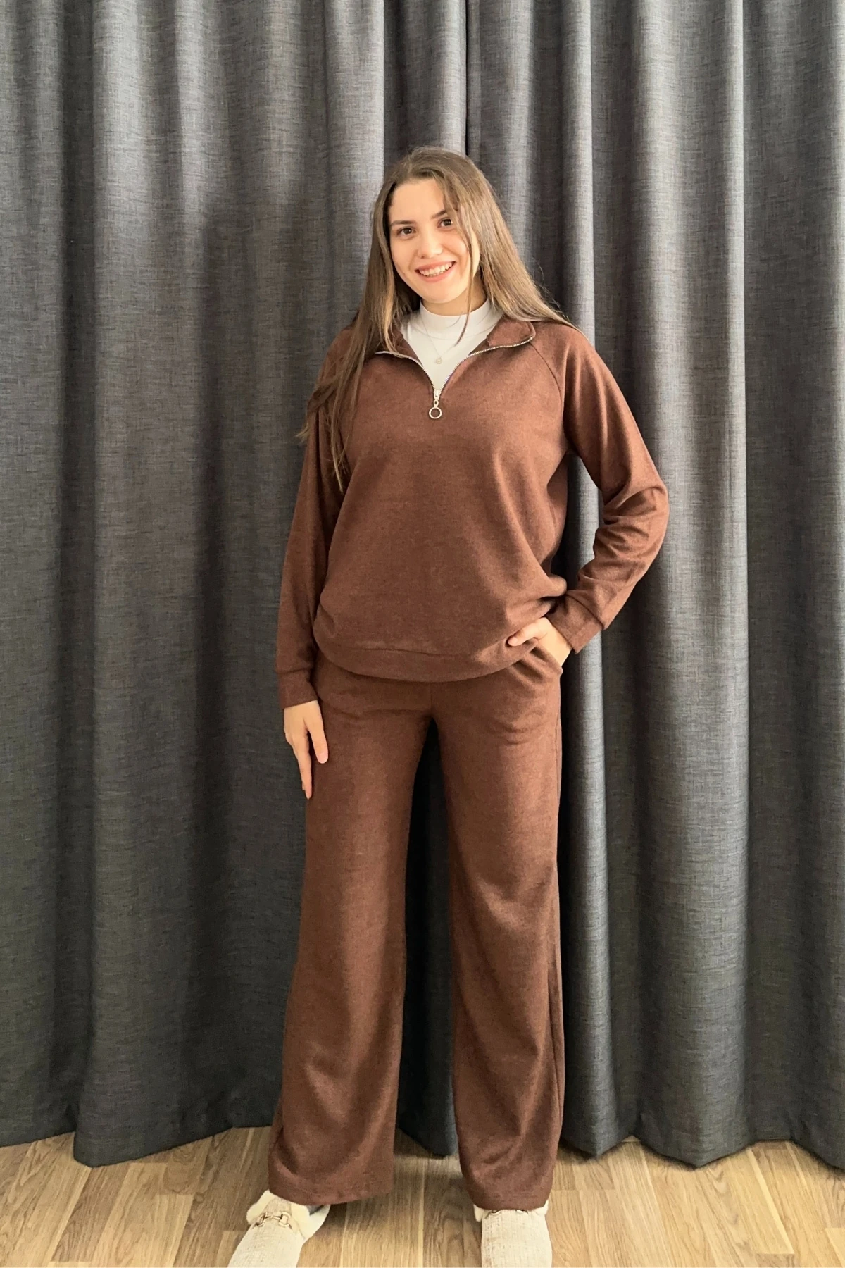 Selanik Kumaş Dik Yaka Fermuarlı İkili Takım - Kahverengi