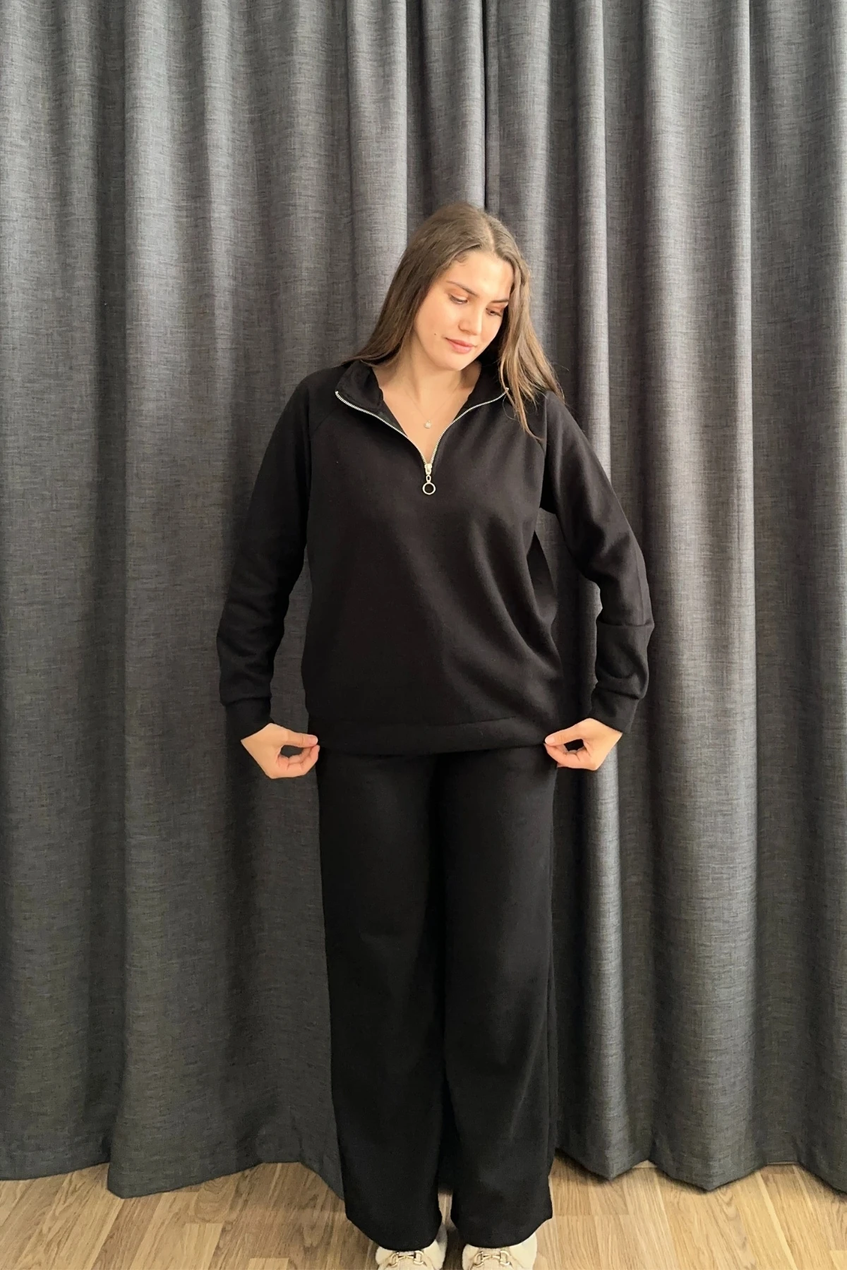 Selanik Kumaş Dik Yaka Fermuarlı İkili Takım