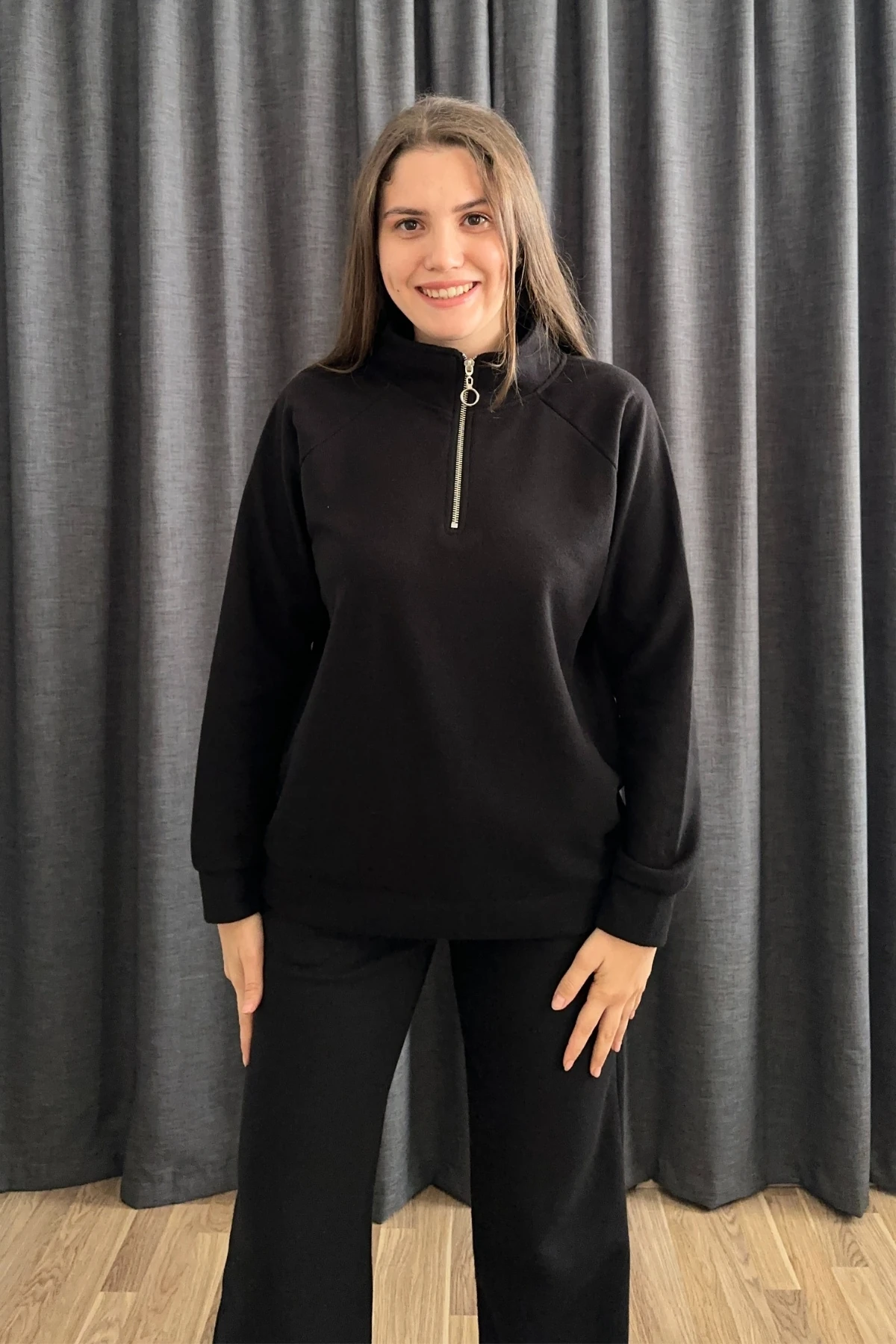 Selanik Kumaş Dik Yaka Fermuarlı İkili Takım