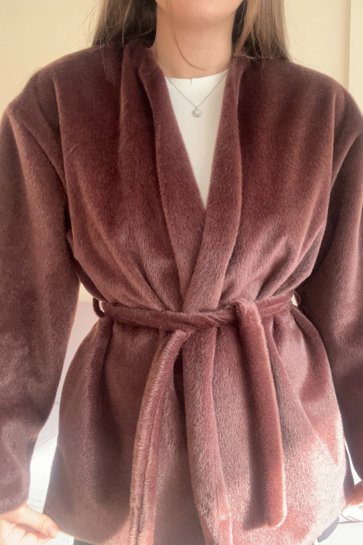 Peluş Goldfox Astarlı Kuşaklı Kısa Kaban