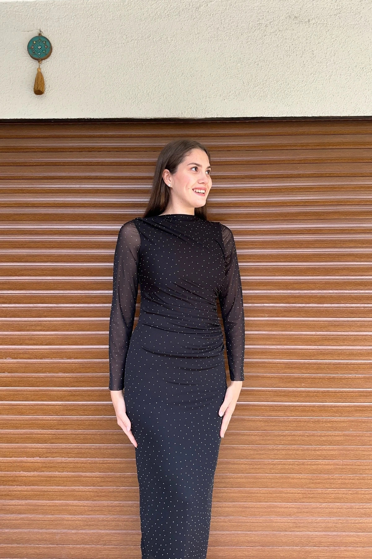 Taşlı Bisiklet Yaka Drapeli Tül Maxi Elbise