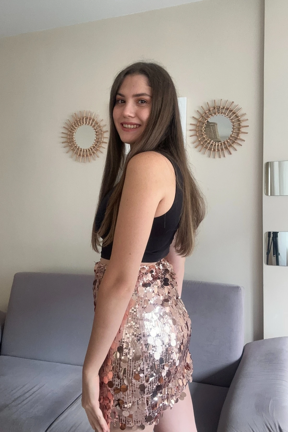 Rose Yüksek Bel Payetli Mini Etek