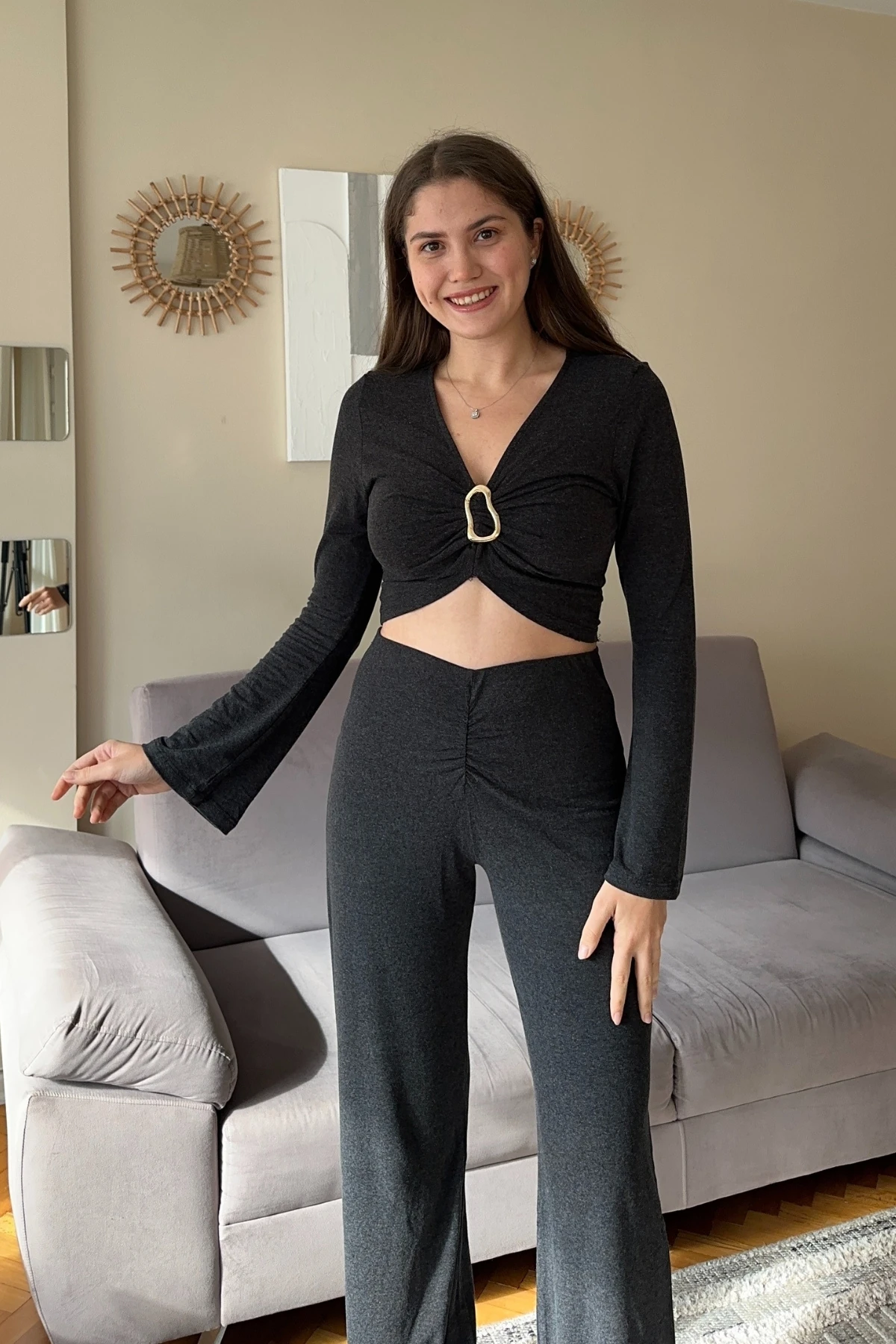 Gold Aksesuarlı İspanyol Kol Crop Penye Takım