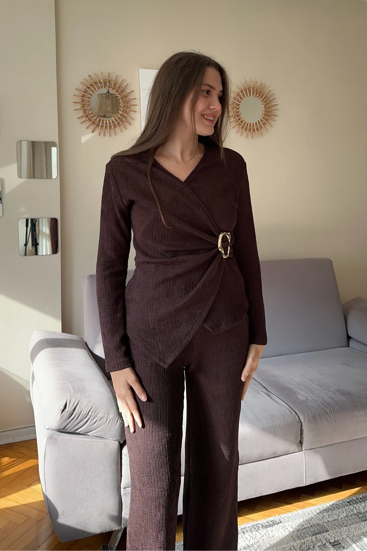 Kruvaze Yaka Gold Tokalı Gofre İkili Takım