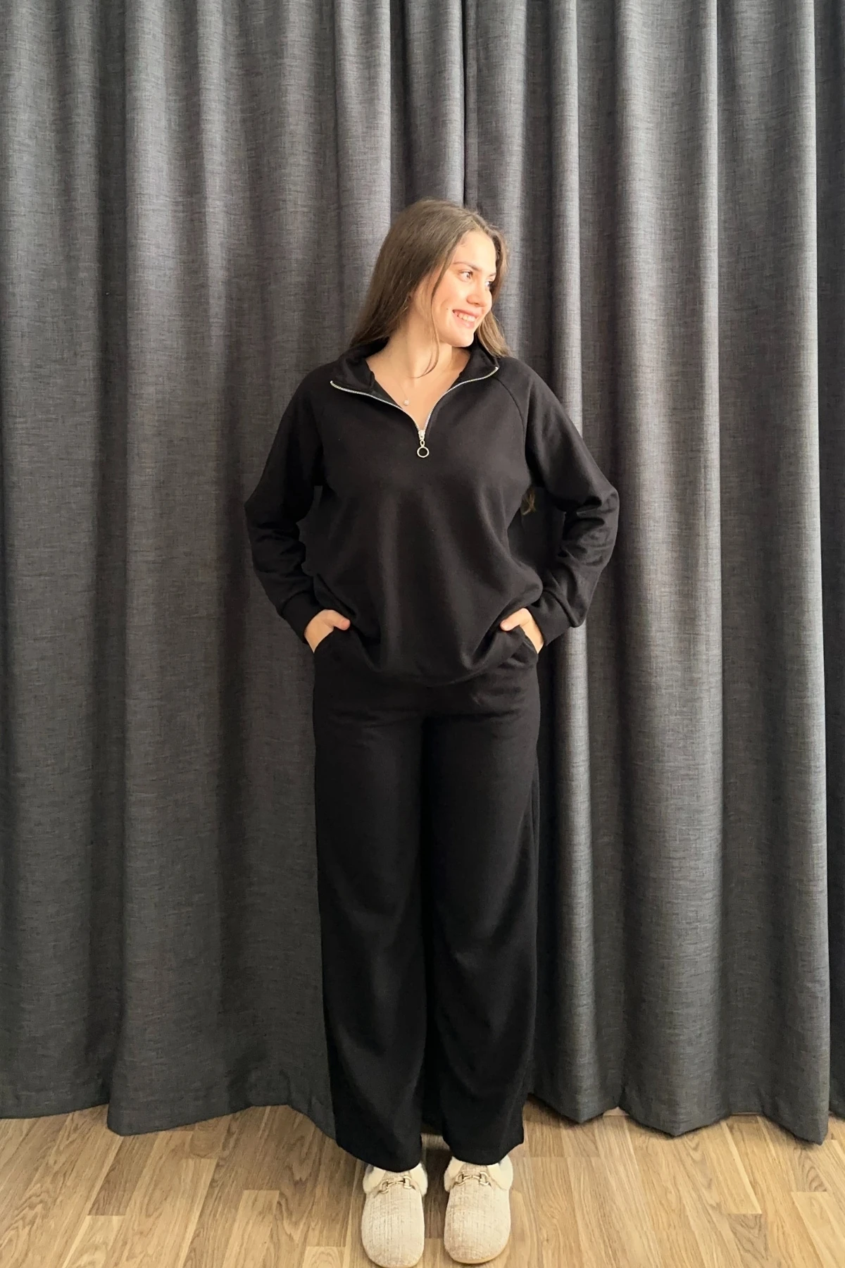 Selanik Kumaş Dik Yaka Fermuarlı İkili Takım