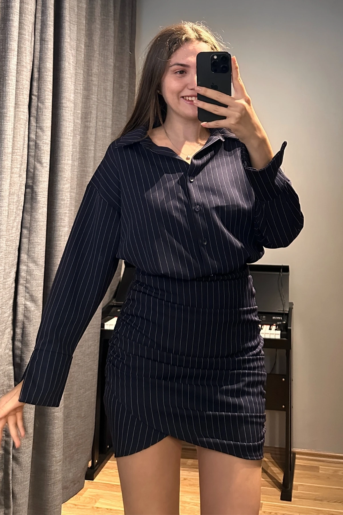 Belden Oturtmalı Çizgili Gömlek Elbise