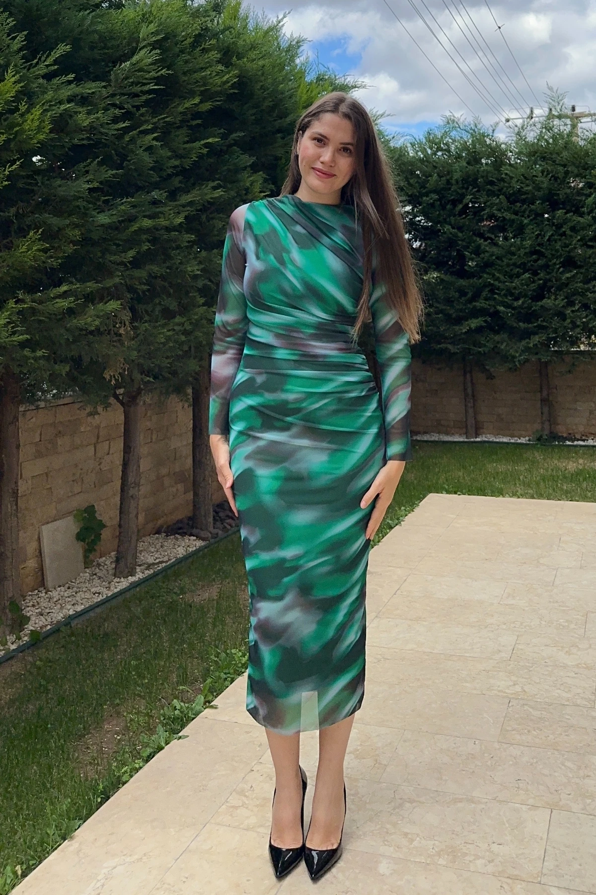 Drapeli Tül Bisiklet Yaka Uzun Kollu Maxi Elbise