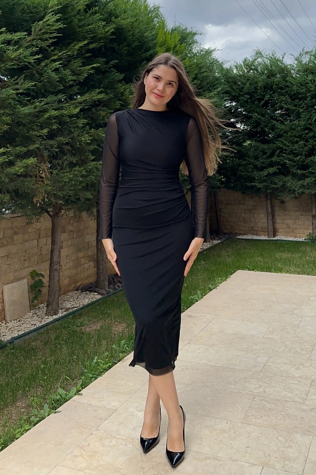 Bisiklet Yaka Drapeli Tül Maxi Elbise