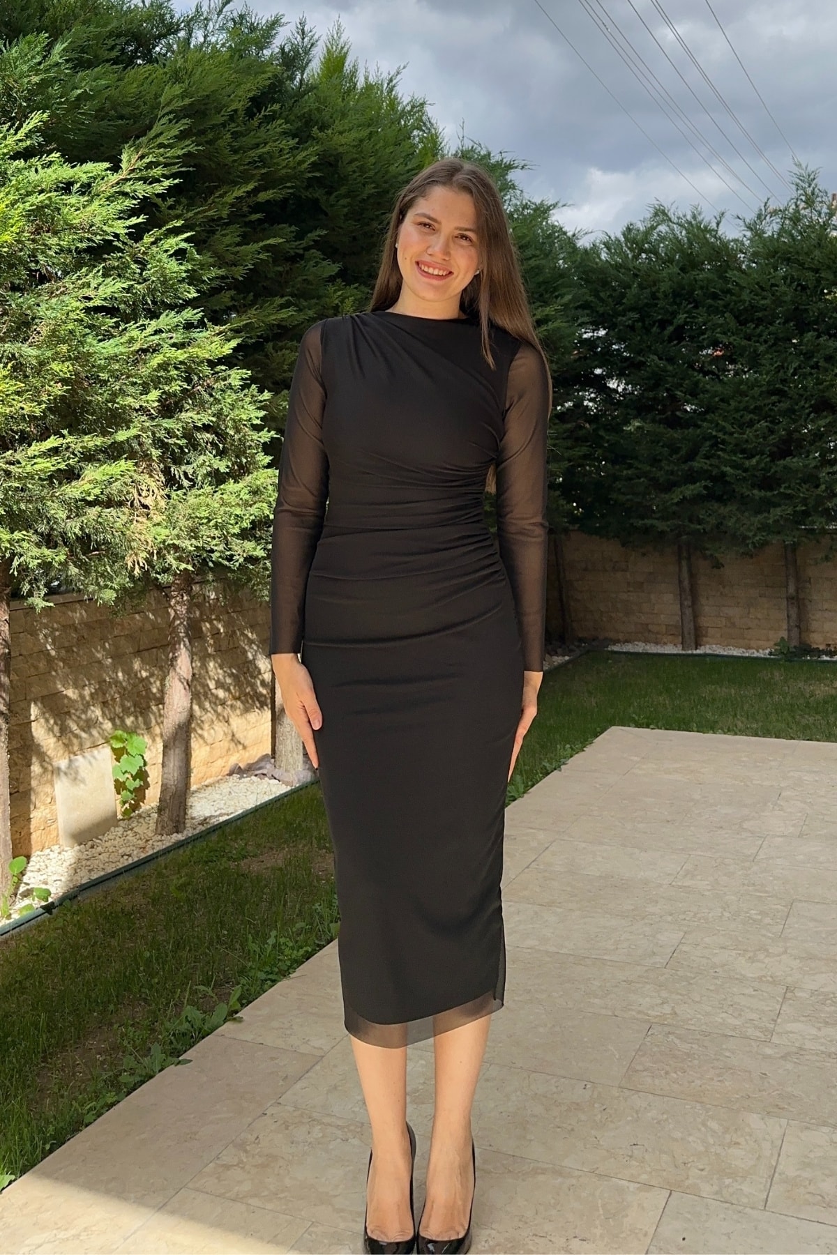 Bisiklet Yaka Drapeli Tül Maxi Elbise