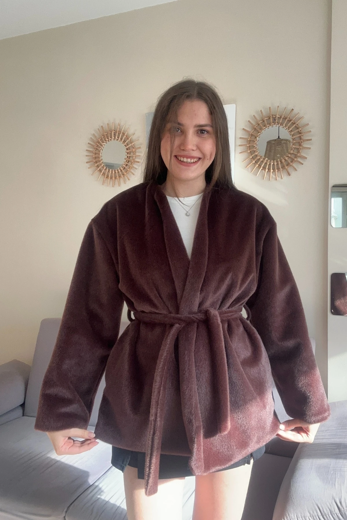 Peluş Goldfox Astarlı Kuşaklı Kısa Kaban - Kahverengi